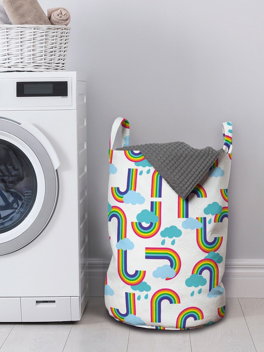 Wäschekorb Kordelzugverschluss Muster Griffen Regenbogen Abakuhaus Waschsalons, Wäschesäckchen für Karikatur und mit Wolken