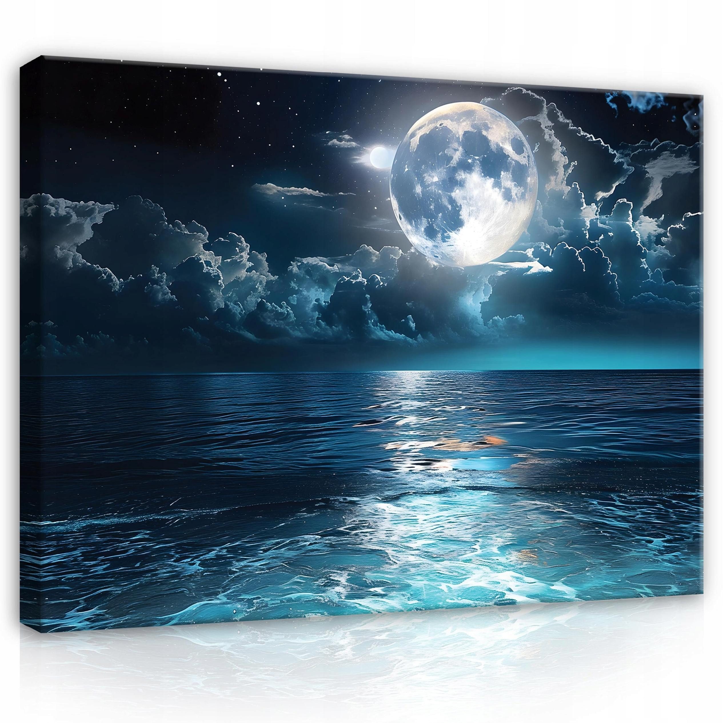 Wallarena Leinwandbild Ozean mit Mond und Wolken in Blau im modernen Stil für Wohnzimmer, Ozean (1 St), mit Holzrahmen wandfertig montiert mit Aufhängevorrichtung 40x30cm
