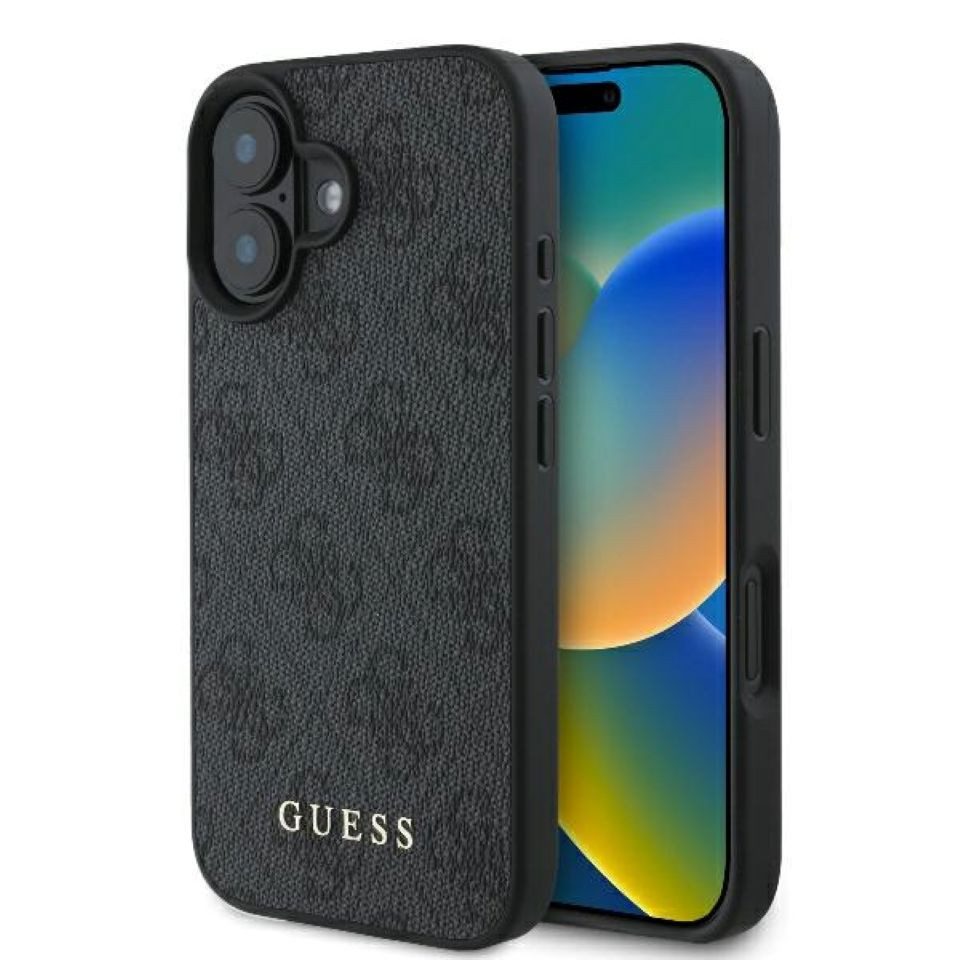 Guess Handyhülle iPhone 16 Plus Kunstleder grau Muster Logo goldfarbig 6,7 Zoll, Kantenschutz