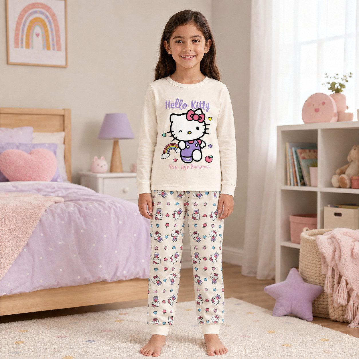 Hello Kitty Schlafanzug Hello Kitty Kinder Mädchen langarm Schlafanzug Pyjama (Packung) Gr. 104 bis 128 - 100% Baumwolle