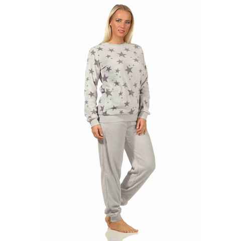 Normann Pyjama Damen Coralfleece Pyjama langarm mit Bündchen und Sternen als Motiv