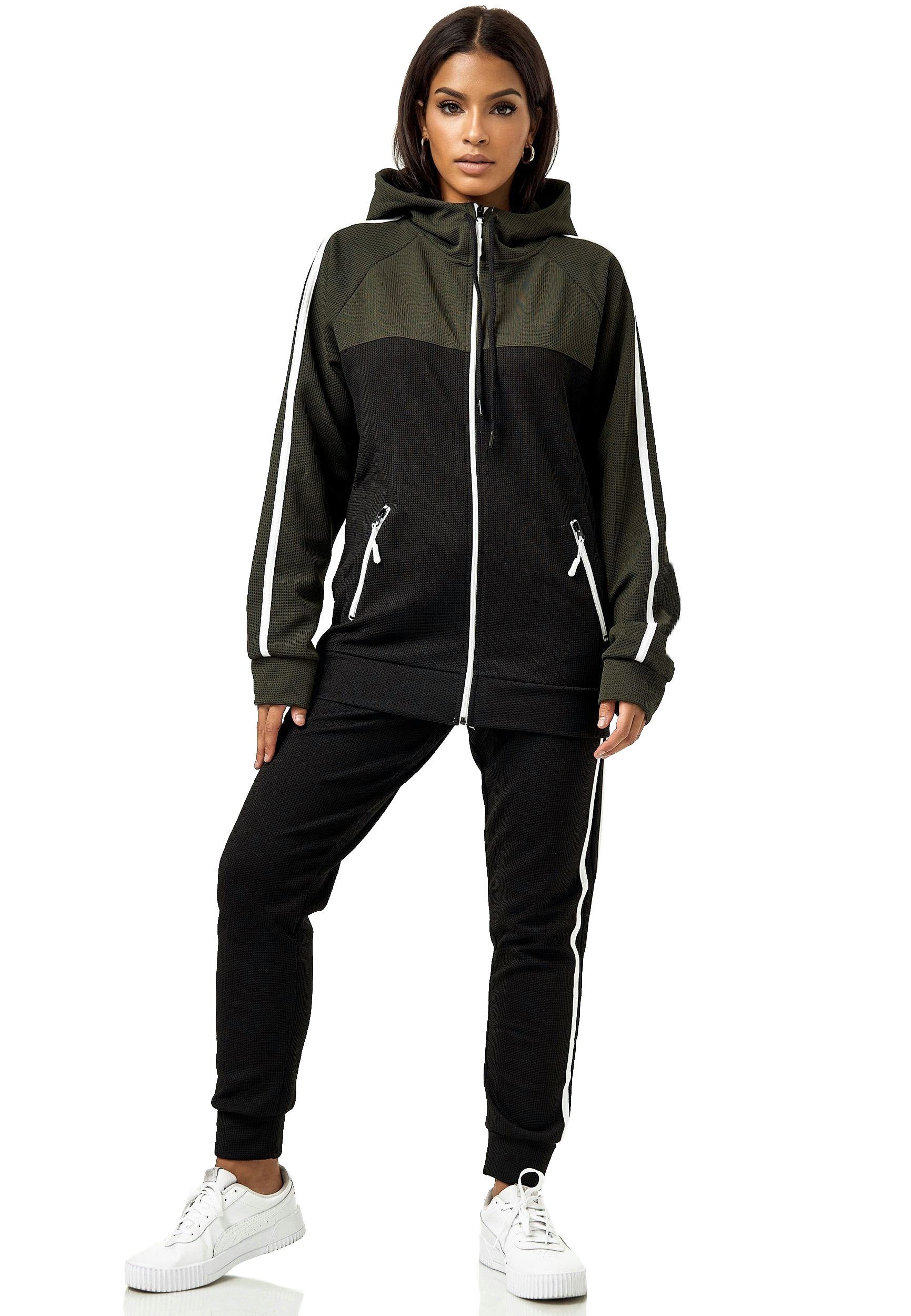 L.gonline Freizeitanzug Damen Jogginganzug, Sporthose und Kapuzenjacke, Streifenmuster, (Kapuzenjacke mit Reißverschluss, Hose, 2-tlg), mit Streifen