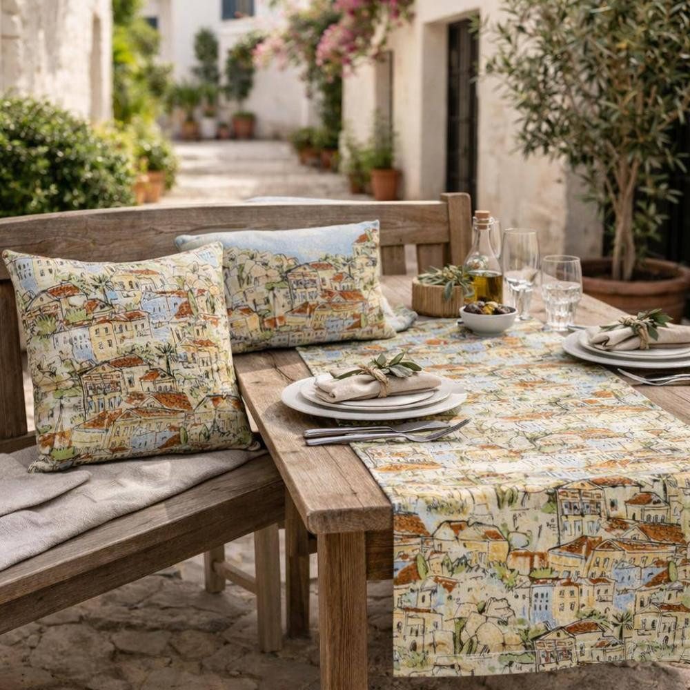sander table + home Tischläufer Sander Tischläufer Menorca – Mediterraner Design-Tischläufer mit Häuse