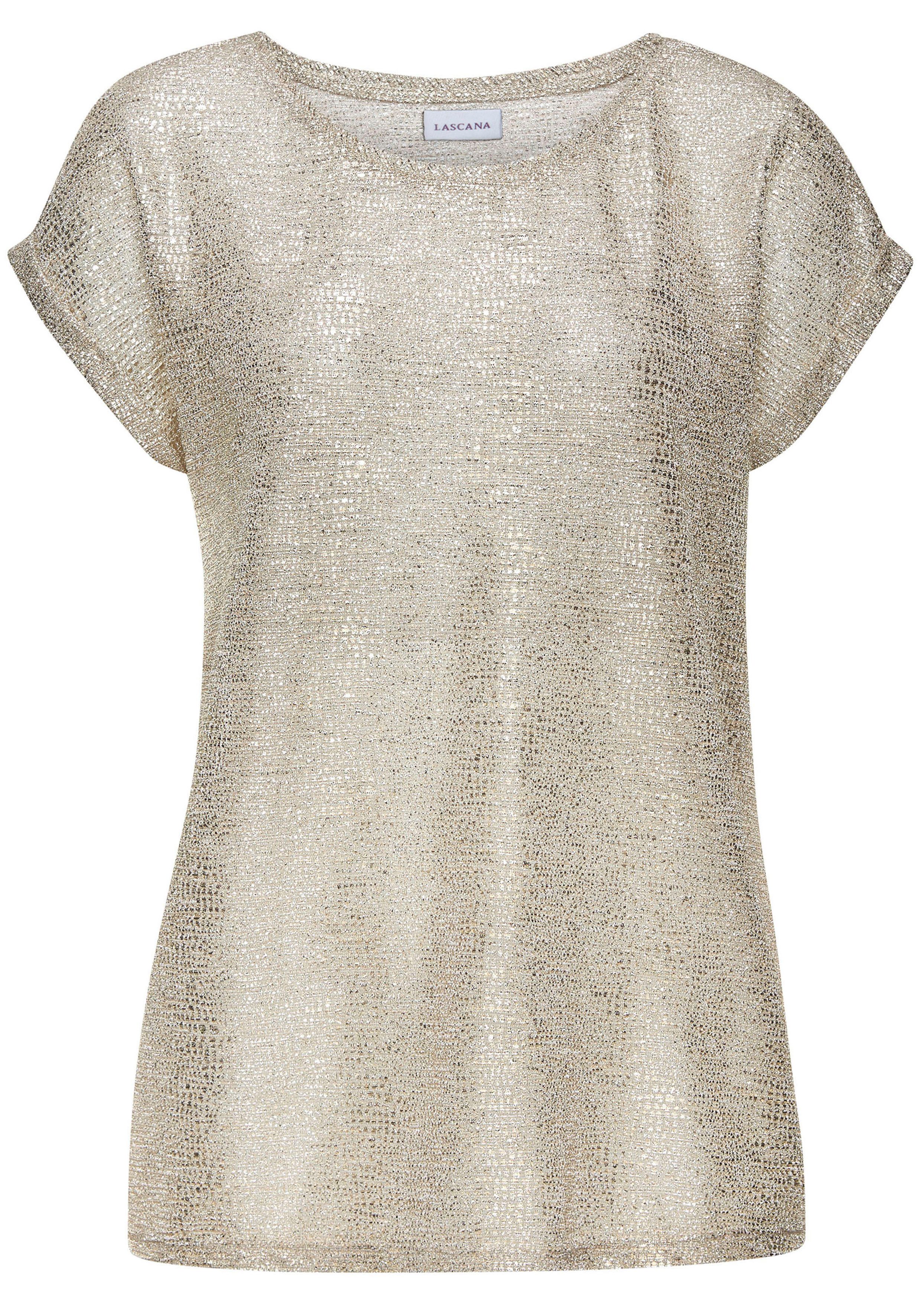 LASCANA Kurzarmshirt mit goldfarbenem Alloverprint, Folienprint, günstig online kaufen