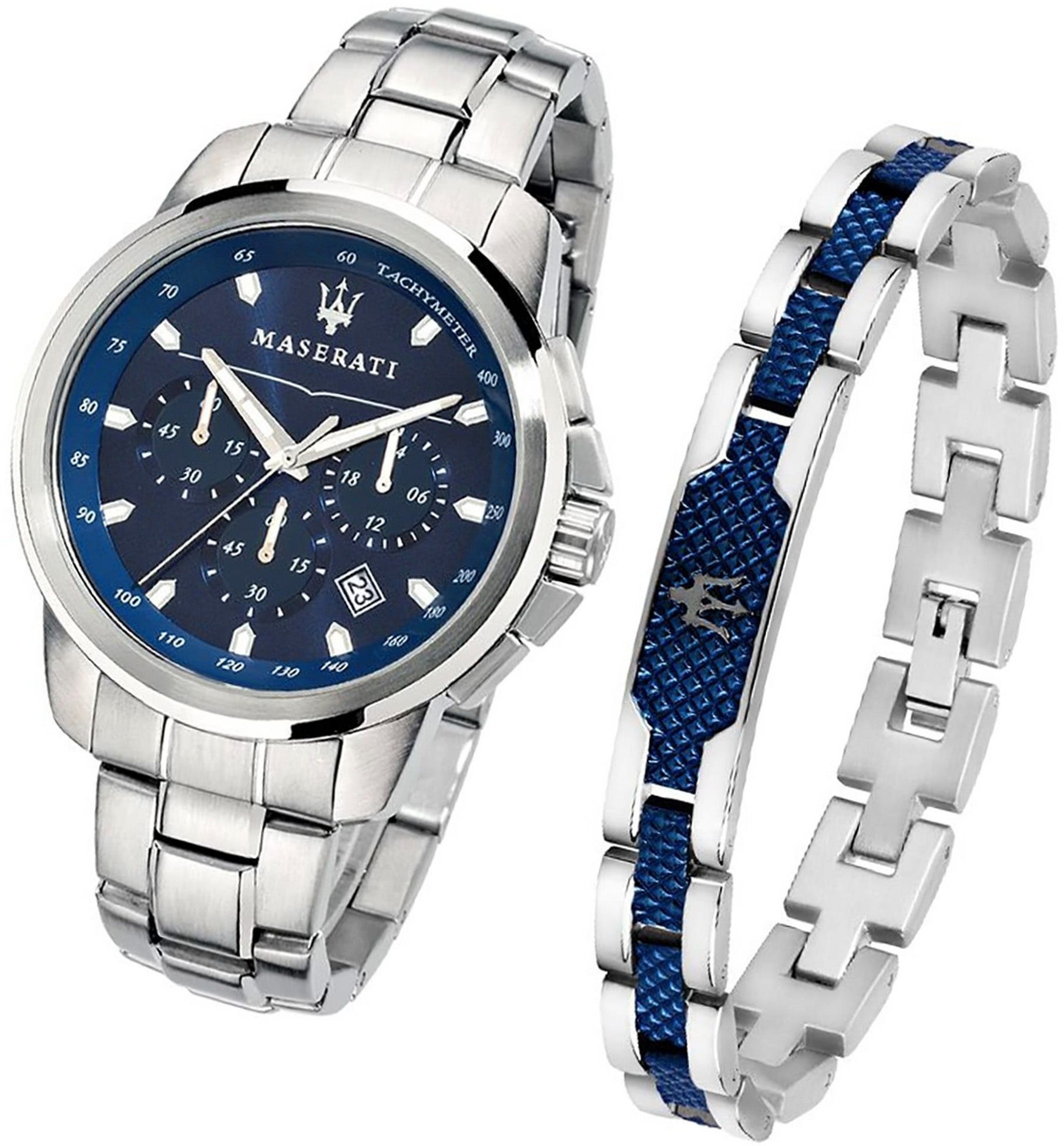 MASERATI Chronograph Maserati Edelstahl Armband-Uhr, Herrenuhr Edelstahlarmband, rundes Gehäuse, groß (ca. 52x44mm) blau