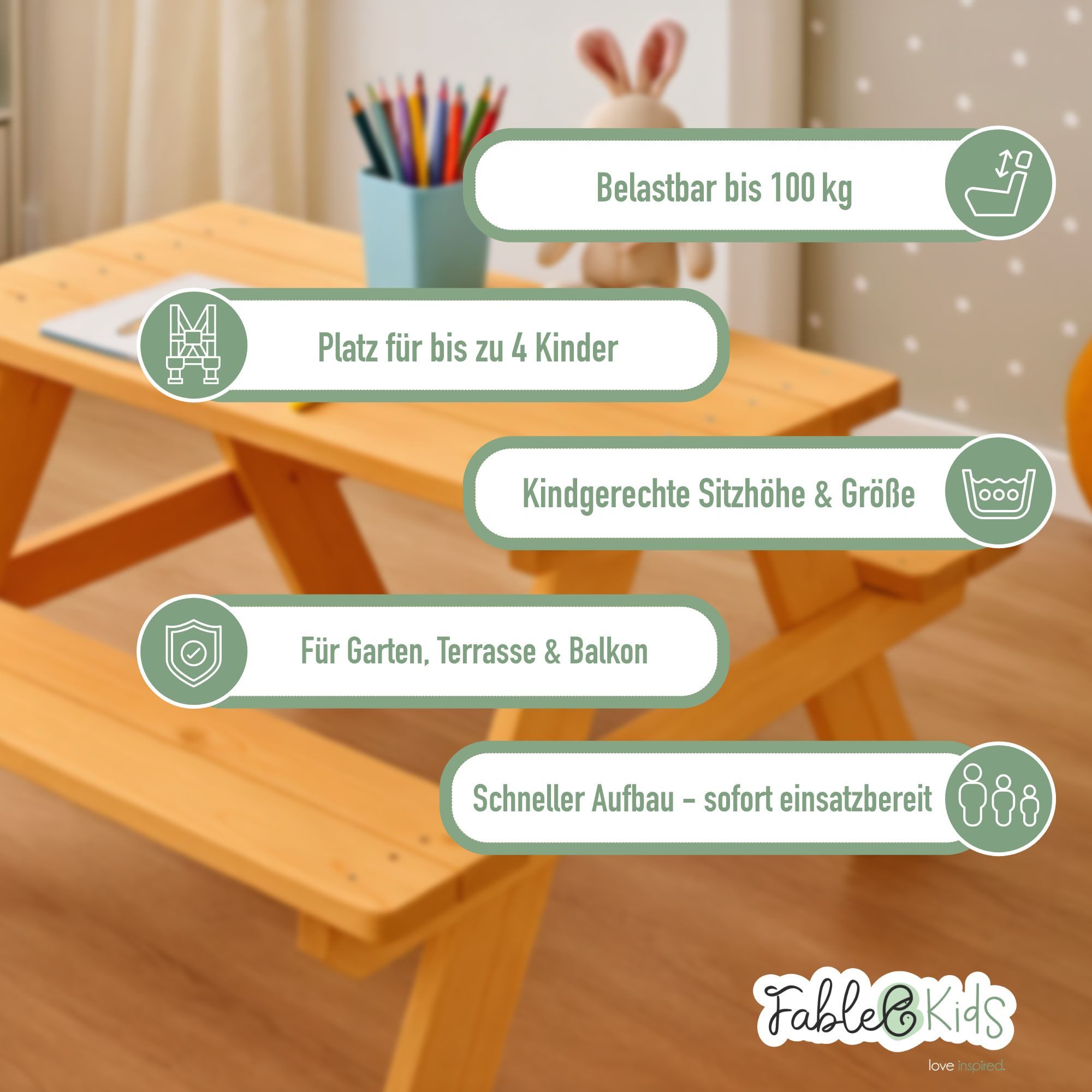 FableKids Kindersitzgruppe Picknicktisch Gartenmöbel für Kinder 2-7 Jahre 89 × 79 × 50 cm, (ARNE),  Belastbar bis 100 kg  Wetterfest & stabil für draußen
