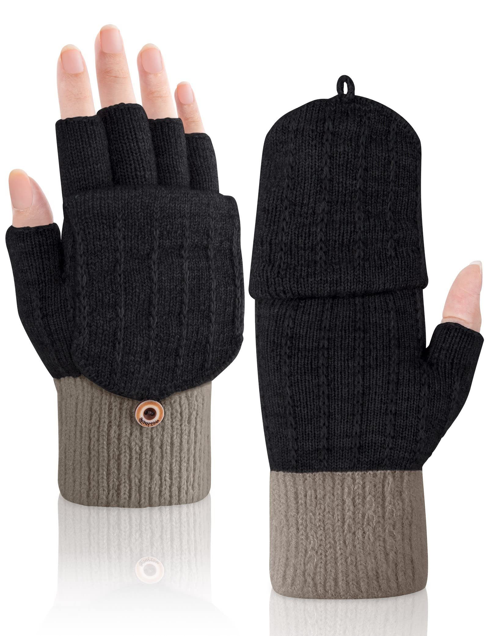 Fingerhandschuhe Coonoor Flip-Top Schwarz Fäustlinge Thermohandschuhe mit Strick