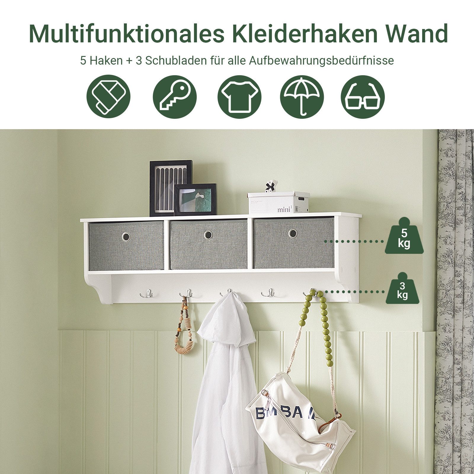 SoBuy Wandgarderobe FRG282, Wandregal, Schweberegal, Garderobenleiste, Flur, Schlafzimmer, Flurgarderobe Kleiderhaken Hängeregal mit 3 Körben, mit Haken