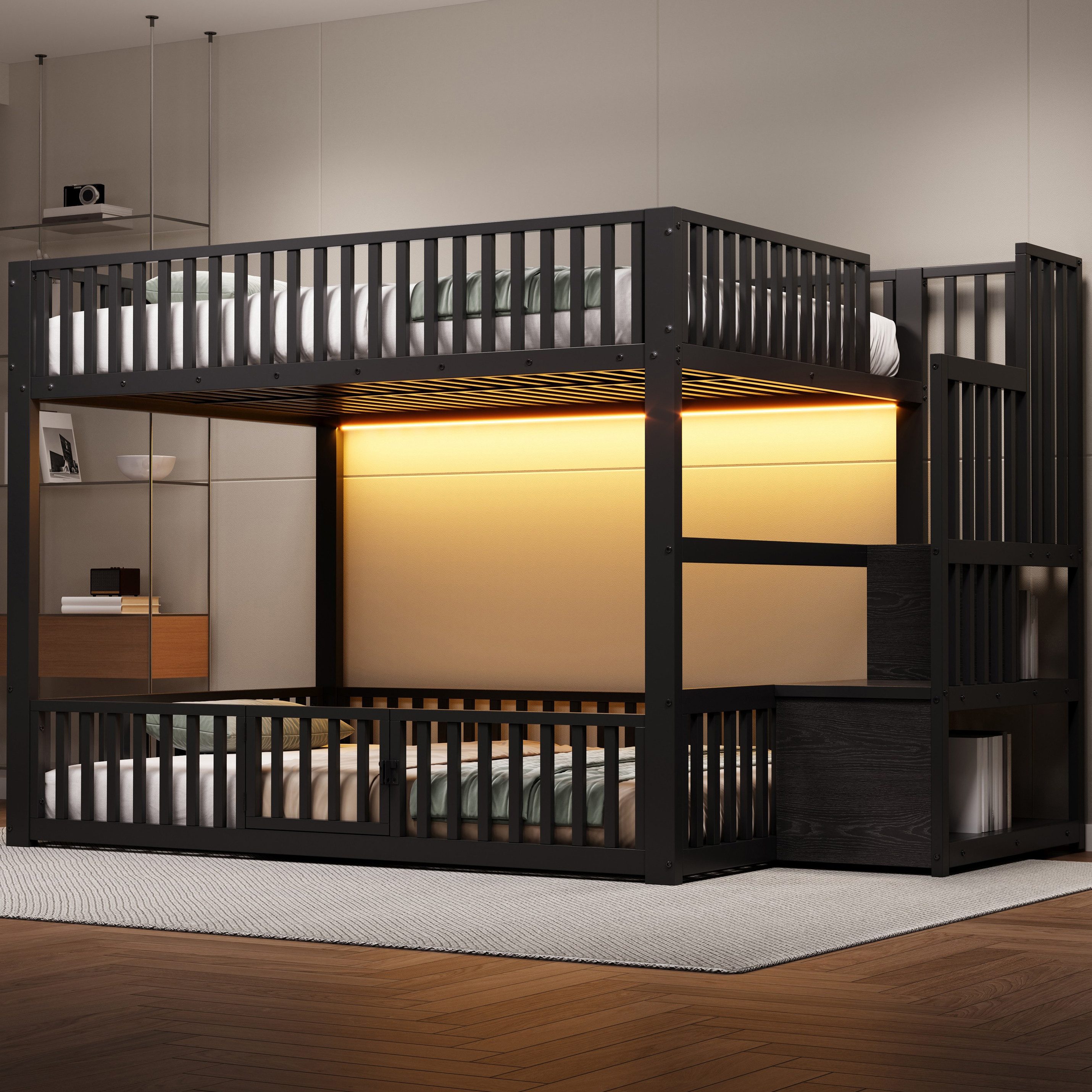 Flieks Etagenbett, Metallbett Kinderbett 140x200cm mit LED-Beleuchtung, oberem Lattenrost