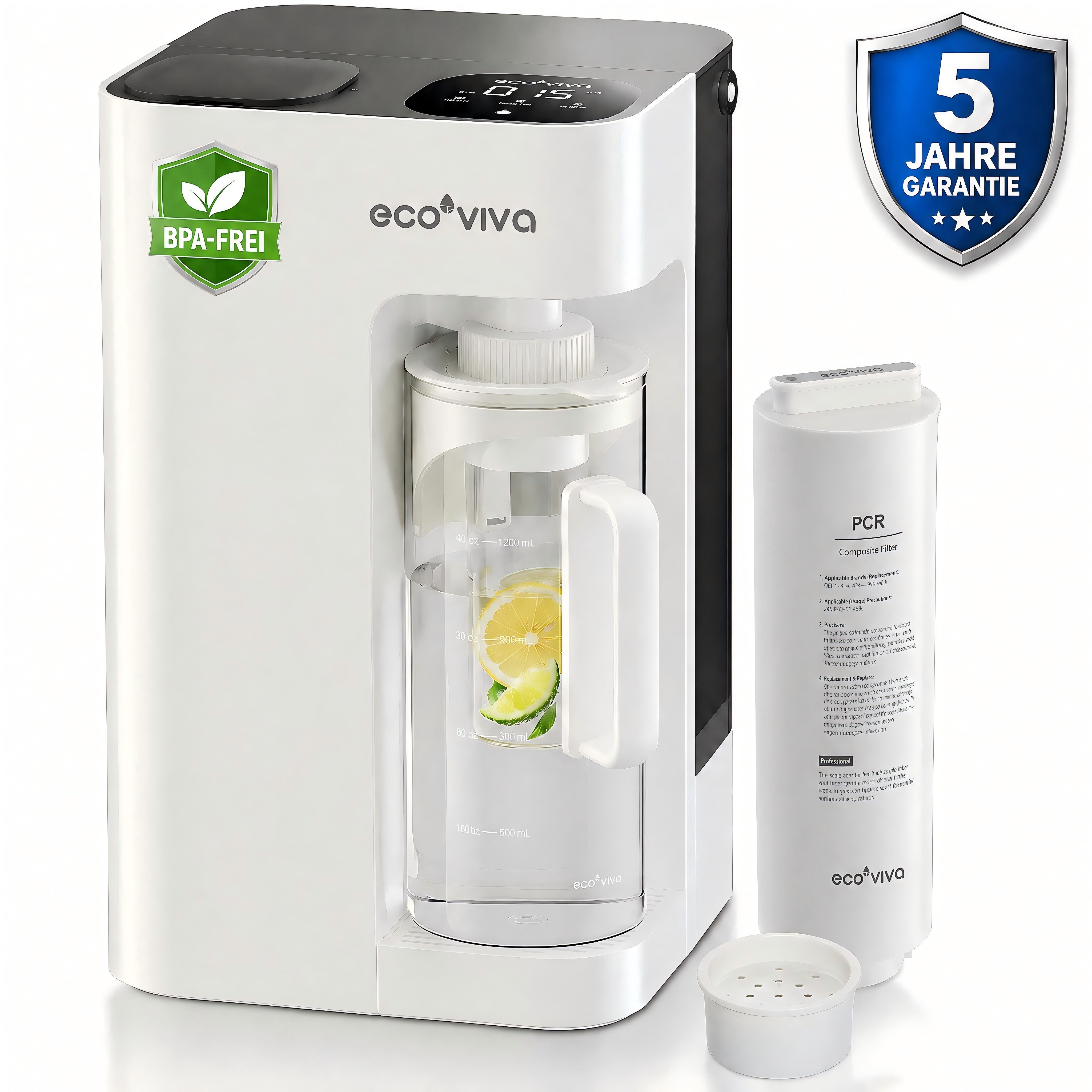 Ecoviva Wasserfilter MATE3 Auftisch Osmoseanlage ohne Installation inkl. Glaskaraffe, 8-Stufen Filtration, Echtzeit-TDS, 3:1 Reinwasser, 5 Liter Wassertank
