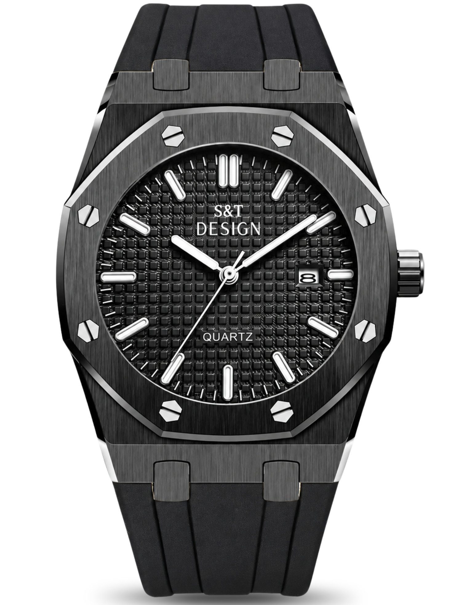 S&T Design Quarzuhr Herrenuhr Armbanduhr Schwarz Silikon Achteckig Datum 3BAR Wasserdicht Herrenuhr schwarz, (Männer Uhr Quarz, 1-tlg., inkl. Uhrenbox), Geschenk Edelstahl Weich Dünn Männlich Verstellbares Armband Schwarz