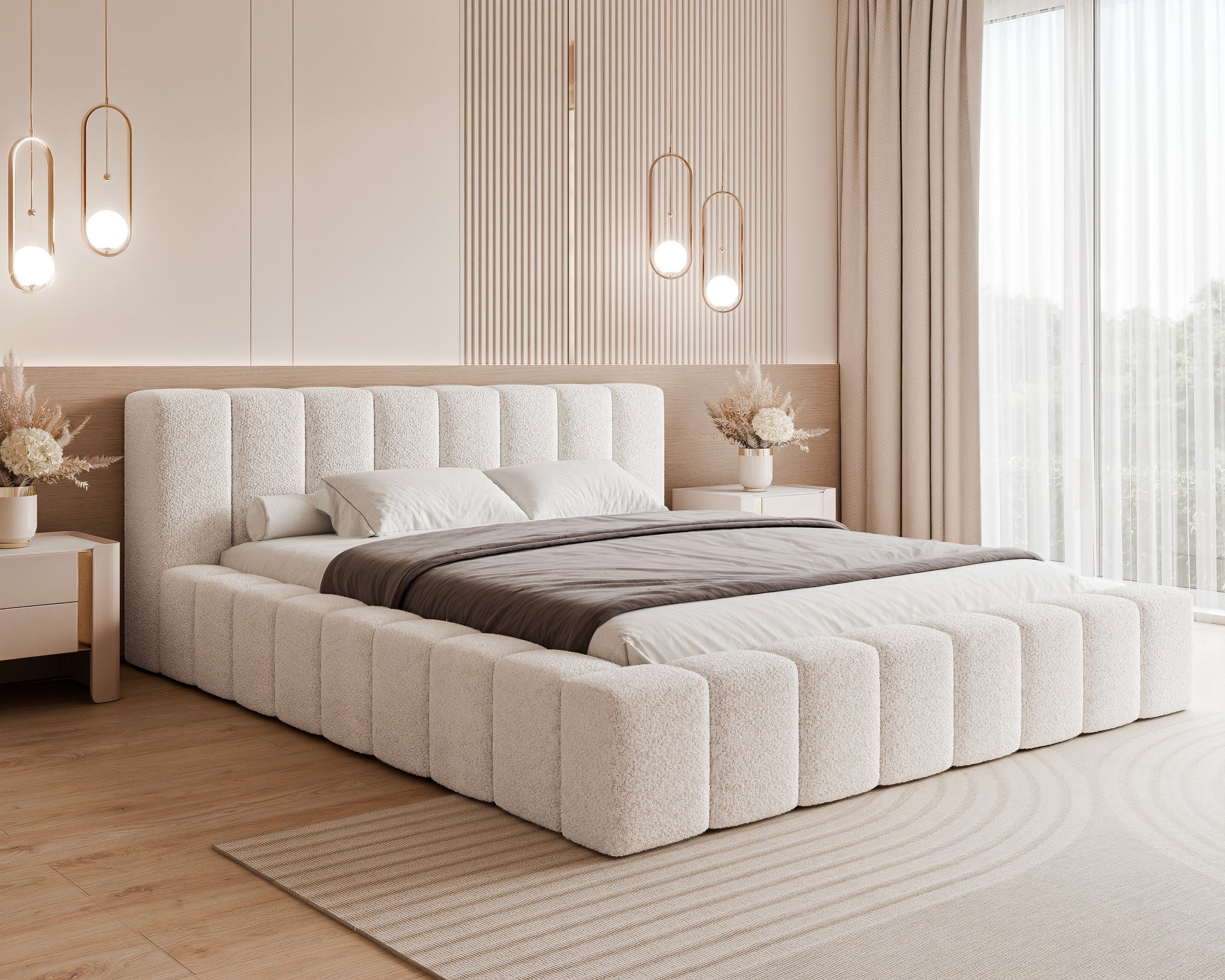Goldstoff Polsterbett "MAKIRA" 120x200–200x200cm mit Bettkasten - Designerbett mit Stauraum (Premium Stoffbett mit Bettkasten für Stilvolle Schlafzimmer, 1-tlg), Modernes Schlafzimmerbett 140x200 mit Stauraum