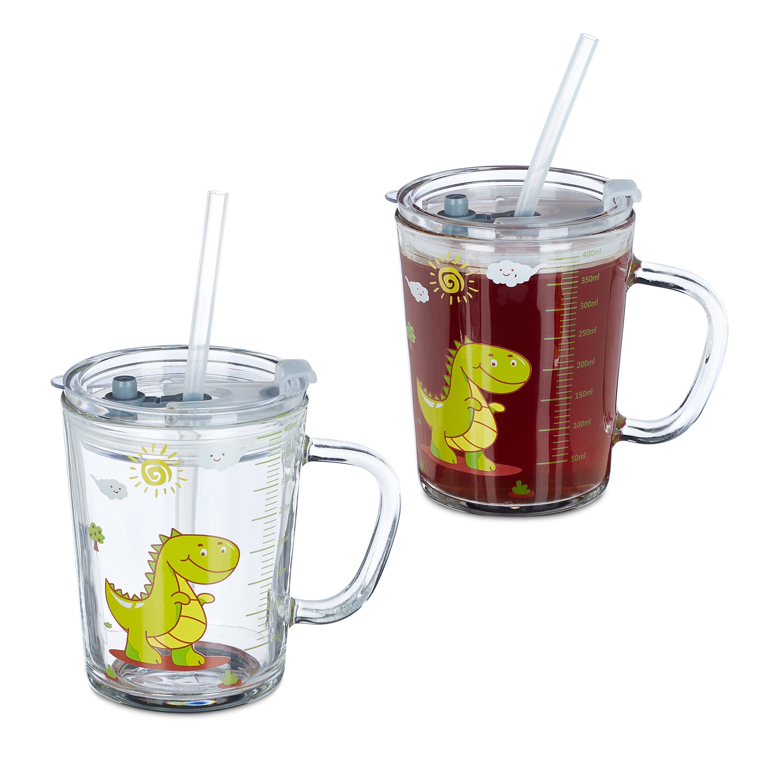 relaxdays Kinderbecher Trinkglas Kinder Dino 2er Set, Glas