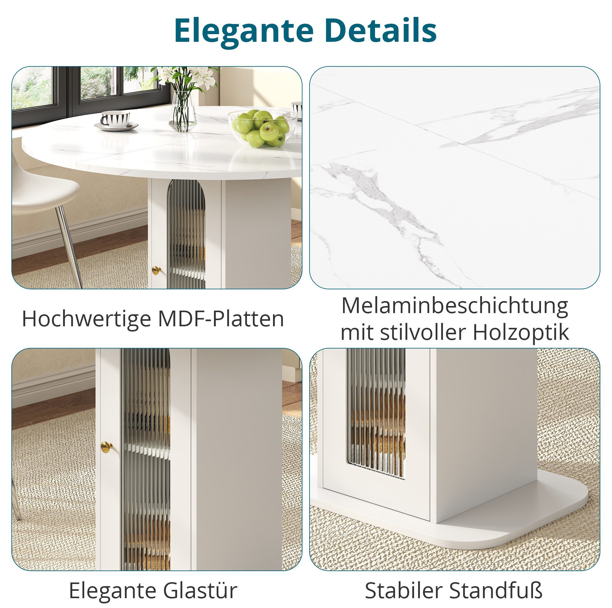 MODFU Esstisch Kleiner Küchentisch in Marmoroptik (Packung, 1-St., Weiß, 80x80x75cm), mit goldfarbenem Griff & Riffelglas