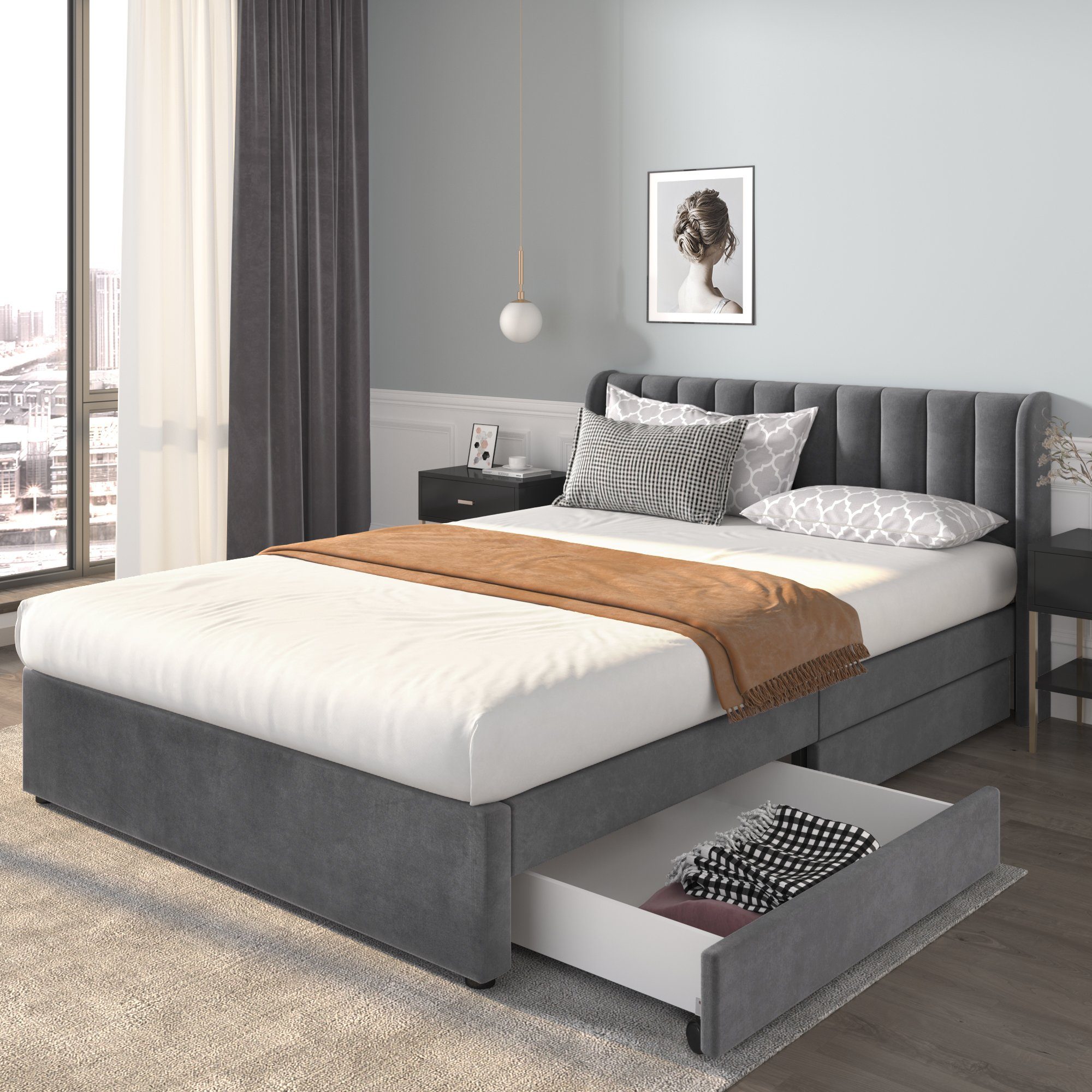 Sweiko Polsterbett, Doppelbett mit 2 Schubladen, Samt, 140*200cm