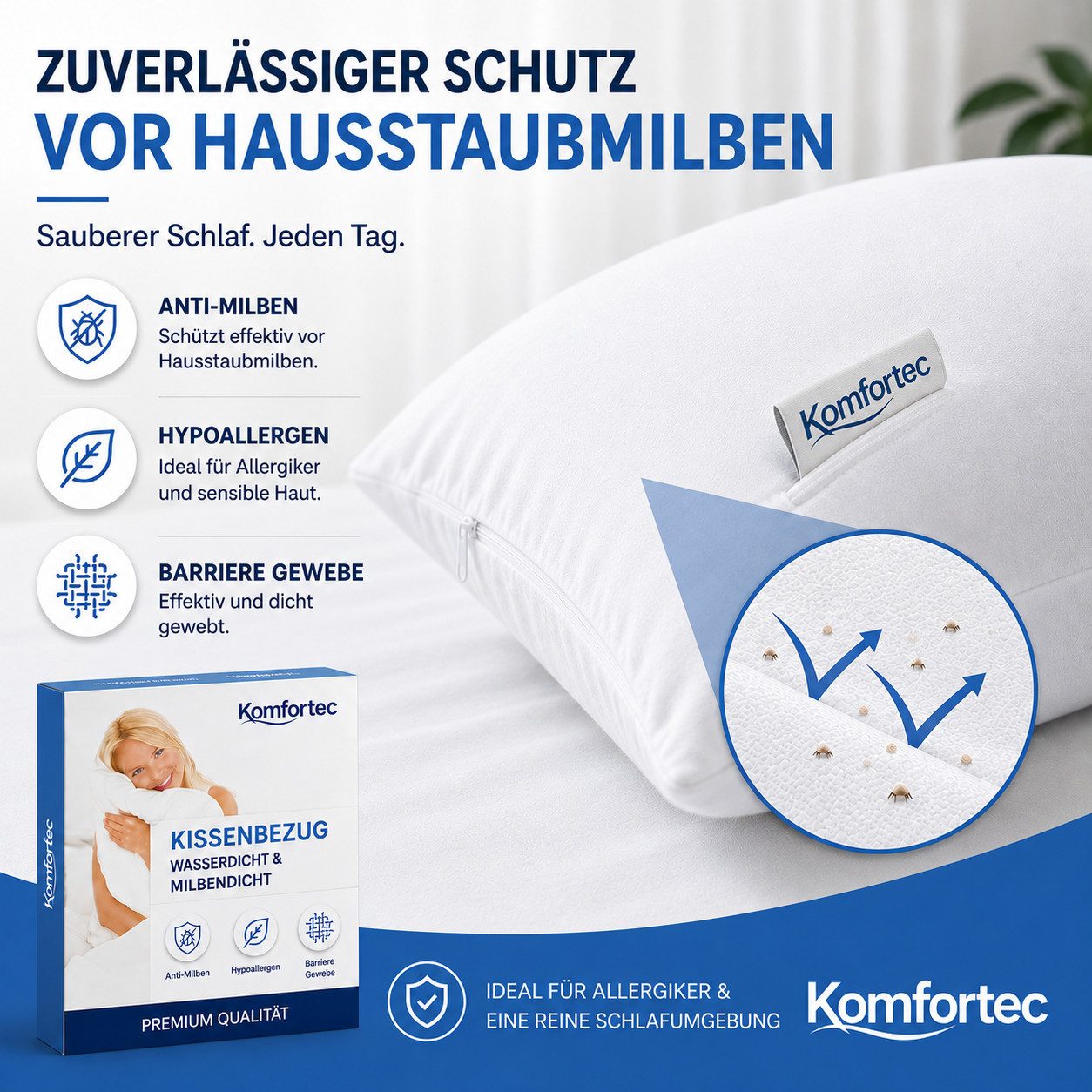 Komfortec Kissenbezüge Wasserdichter Kissenbezug Set, Hypoallergen Kopfkissenbezüge, (2 Stück), 45x45 cm mit Reißverschluss, Atmungsaktiv, Anti-Milben Kissenschoner