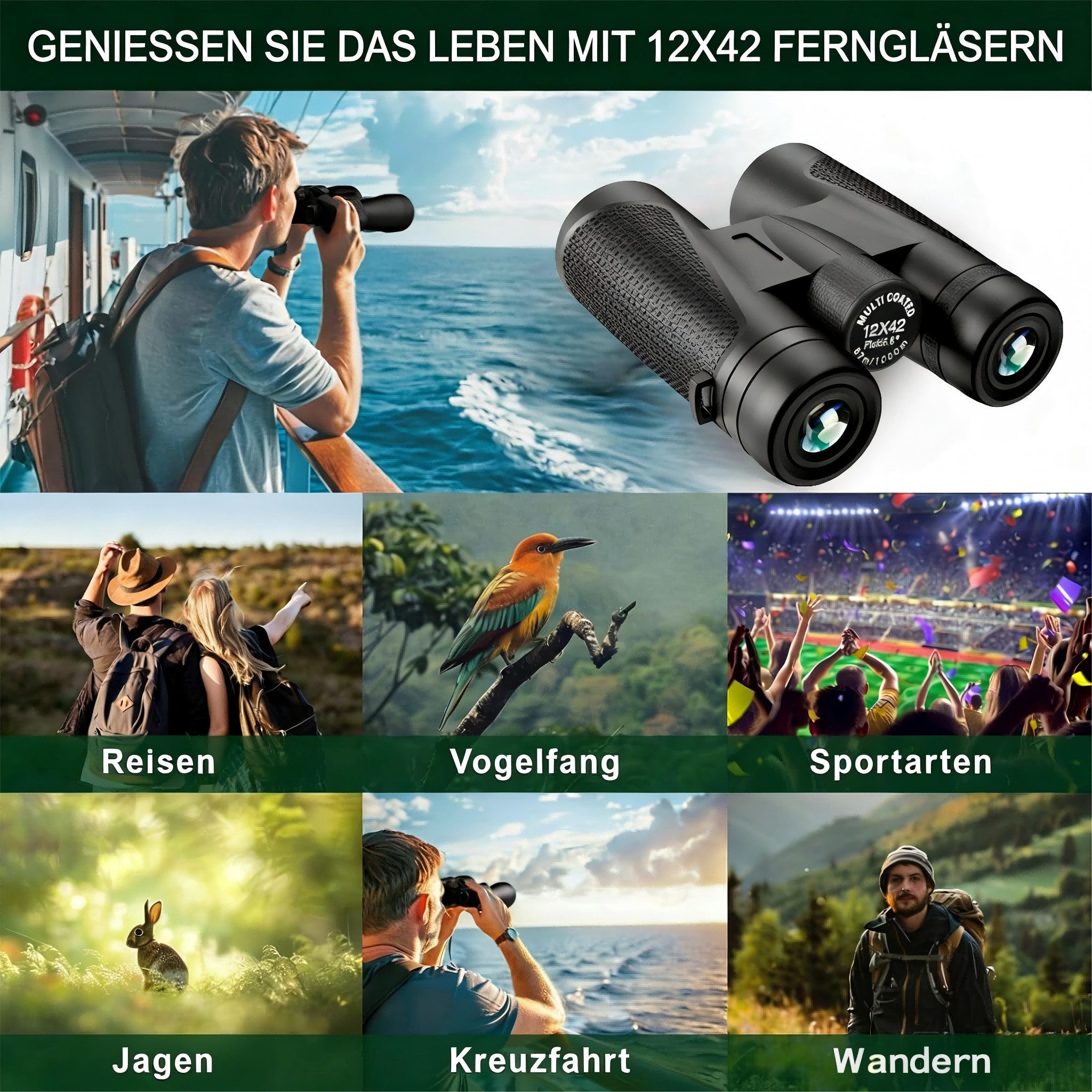 ibettertec 12x42 Fernglas mit BAK4 Prismen,nachtsicht,Binoculars Fernglas (Binoculars,Fokusknopf,hohe Vergrößerung,Stativmontage,rutschfest)