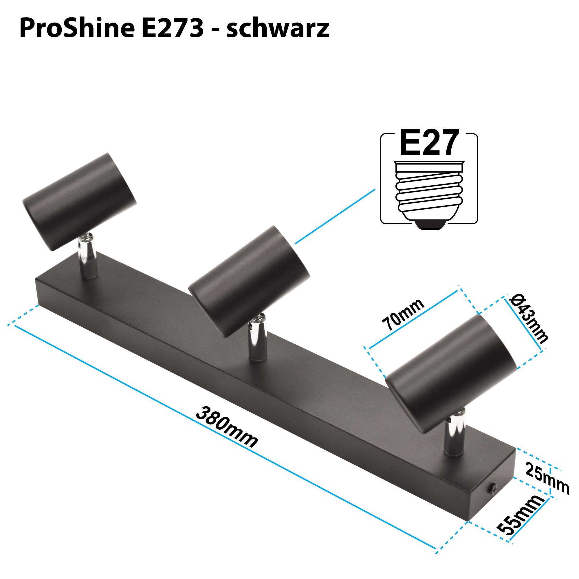 schwarz ohne proShine-E273, Maxkomfort Wandleuchte, schwenkbar Rostfrei, Wandstrahler, Deckenstrahler, E27, Deckenleuchte, Leuchtmittel, Deckenstrahler