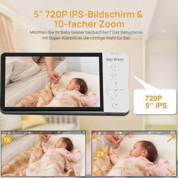 VSIUO Video-Babyphone Babyphone mit Kamera, Video Baby Monitor, Video-Babyphone, Infrarot-Nachtsicht, Temperaturanzeige, Schlaflieder, Zwei-Wege-Audio, Gegensprechfunktion, Smart VOX-Modus, 2-facher Zoom per Fernbedienung, Extra Großer 5-Zoll-LCD-Bildschirm