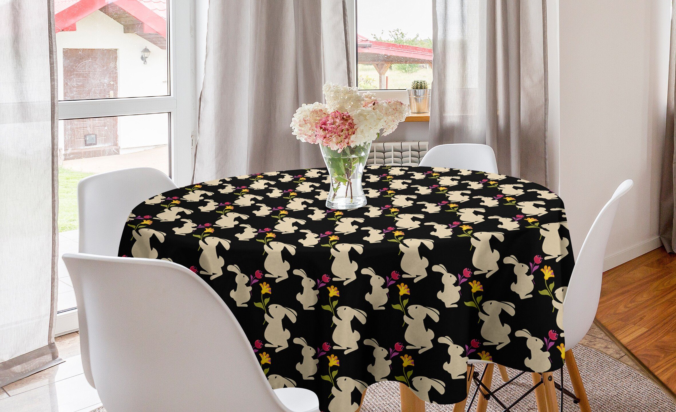 Abakuhaus Tischdecke Kreis Tischdecke Abdeckung für Esszimmer Küche Dekoration, Hase Beige Kaninchen und Blumen