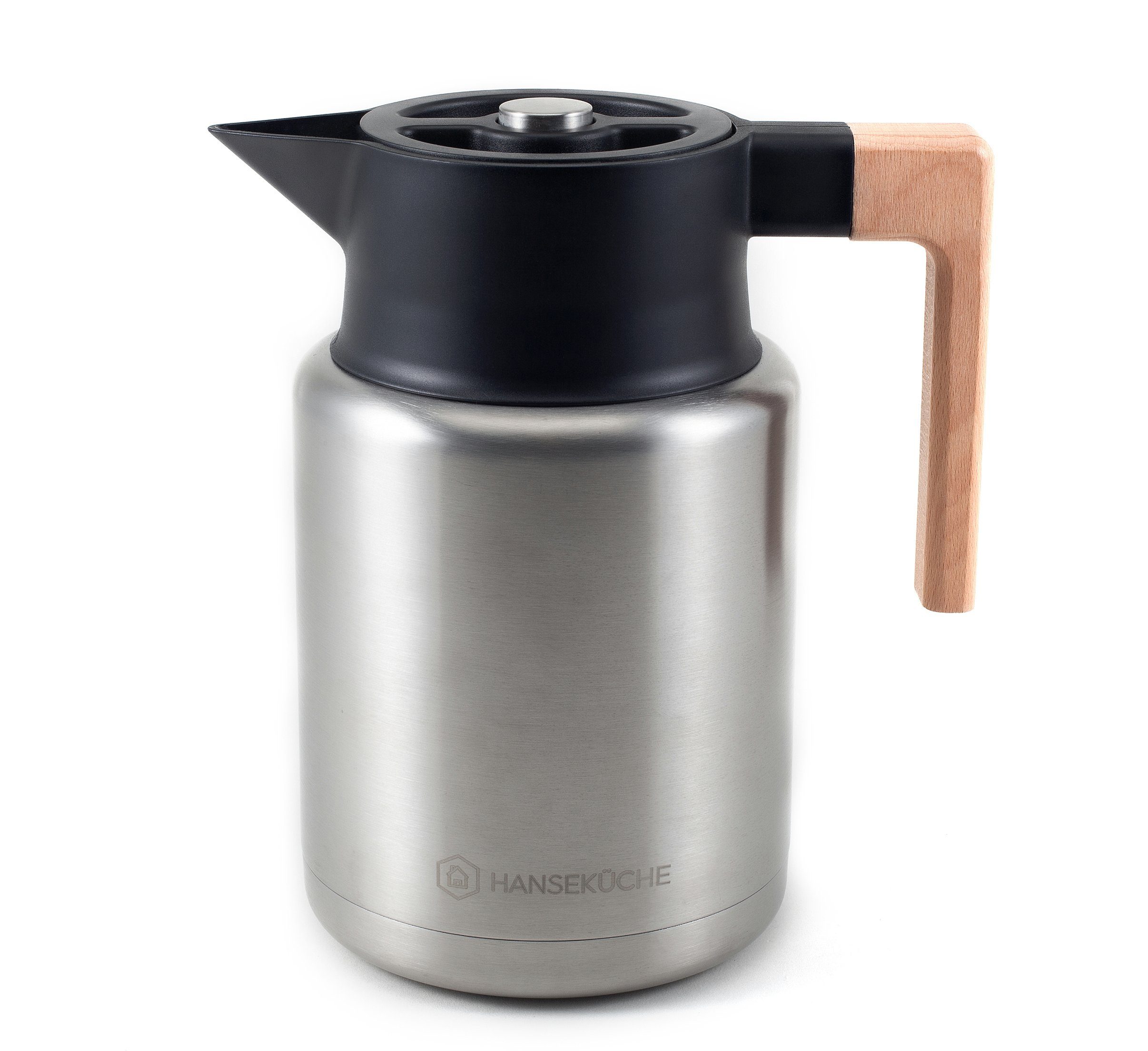 Hanseküche Isolierkanne Thermoskanne 1,4L aus hochwertigem Edelstahl, 1.4 l, (Thermoskanne, 1-St., mit Druckknopf Verschluss), Isolierkanne, Kaffekanne mit edlem Holzgriff, langer Thermoeeffekt