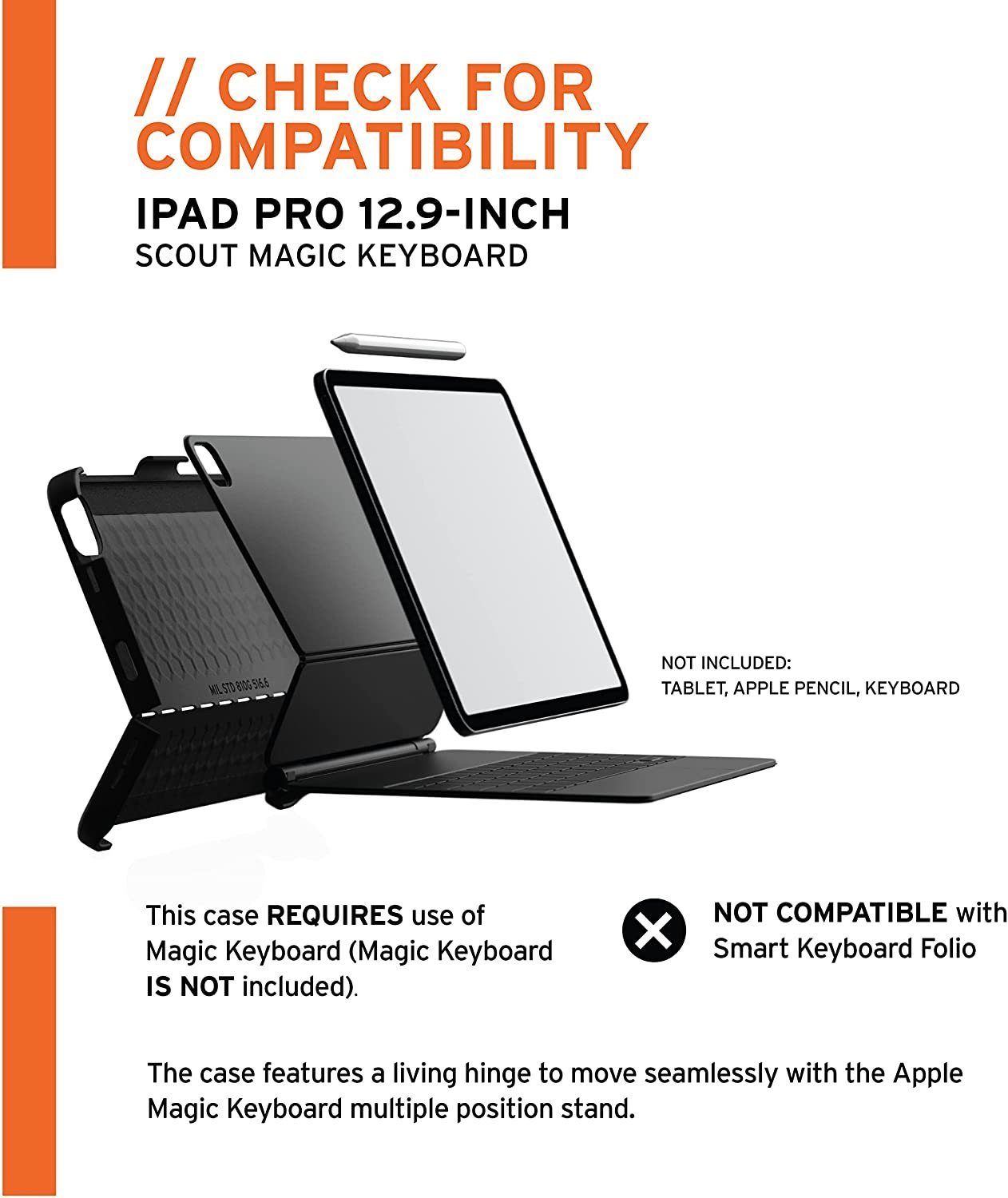 UAG Tablet-Hülle Scout 32,8 cm (12,9 Zoll), Magic Keyboard erforderlich  [Apple iPad Pro 12,9 Hülle, Sturz- und stoßfest nach Militärstandard,  Magnetische Befestigung / Aufladung des Apple Pencil 2 möglich]