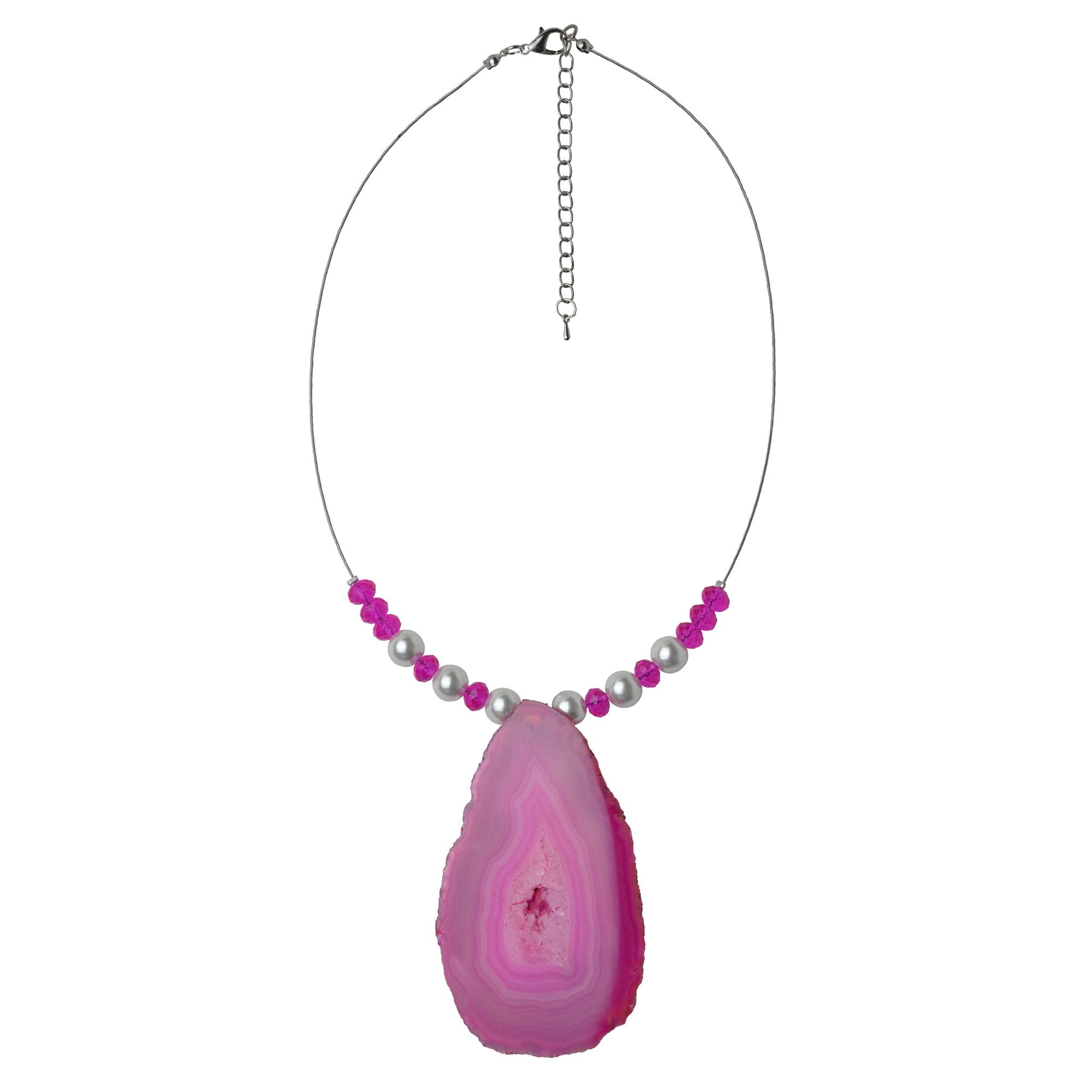 Steuer Kette mit Anhänger Drahtcollier silberfarben Perlen weiß und Achatscheibe pink