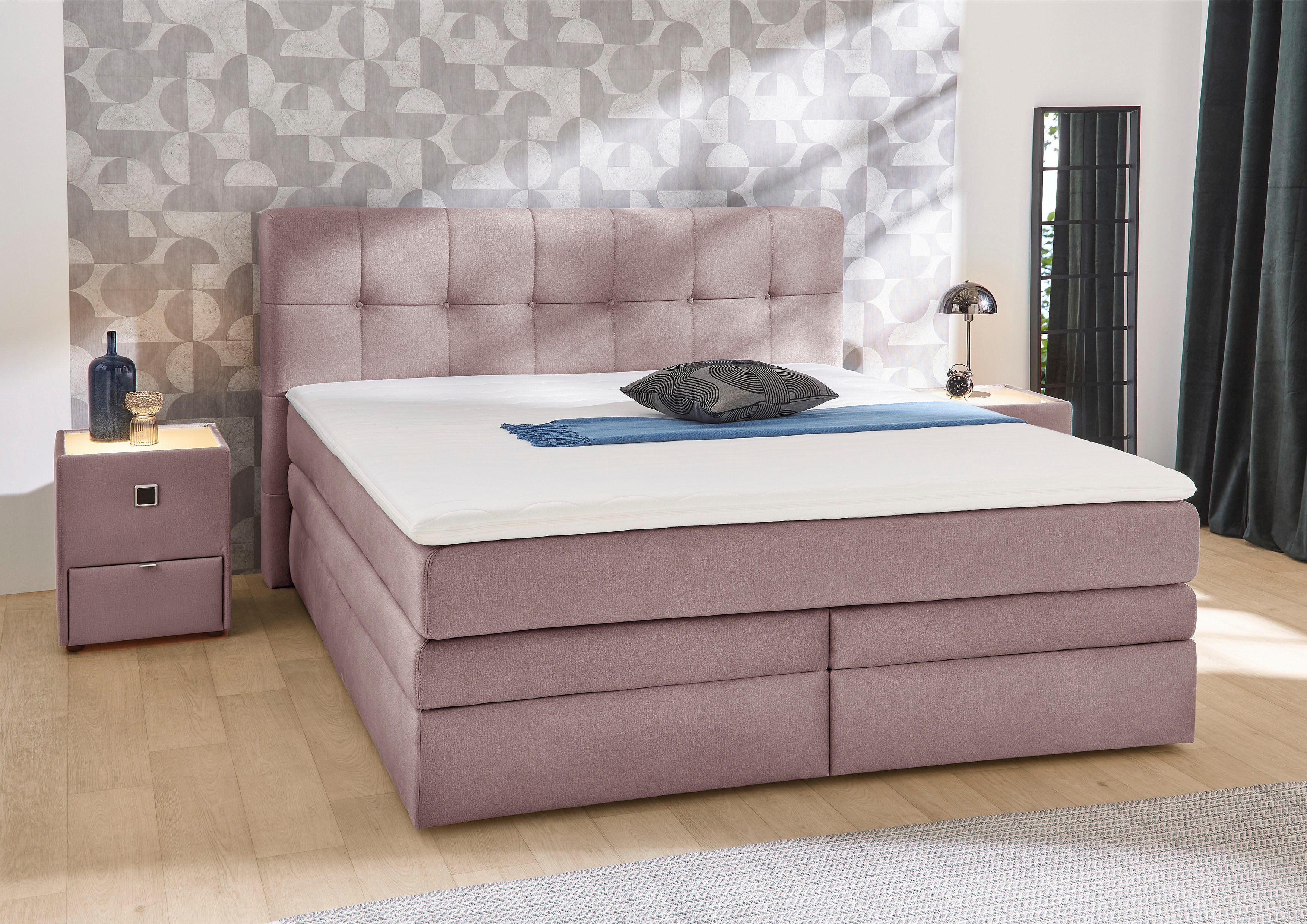Jockenhöfer Gruppe Boxspringbett AMY in Samt, erhältlich in der Breite 180cm, mit Bettkasten und Kaltschaum-Topper