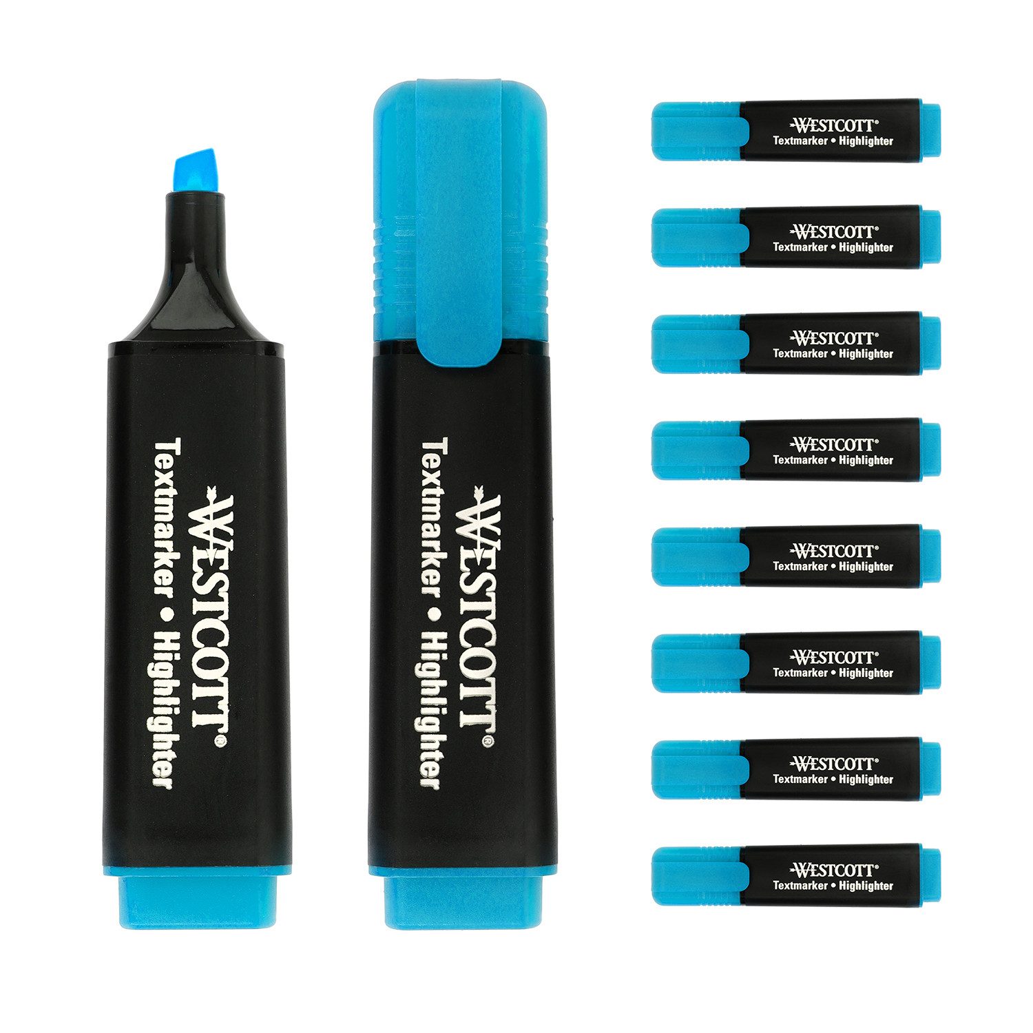 WESTCOTT Marker Textmarker 10 Stück blau, Highlighter in leuchtendem Blau, (Vorteilspack, 10-tlg), 2-5 mm Strichstärke, Premium Tinte aus Deutschland