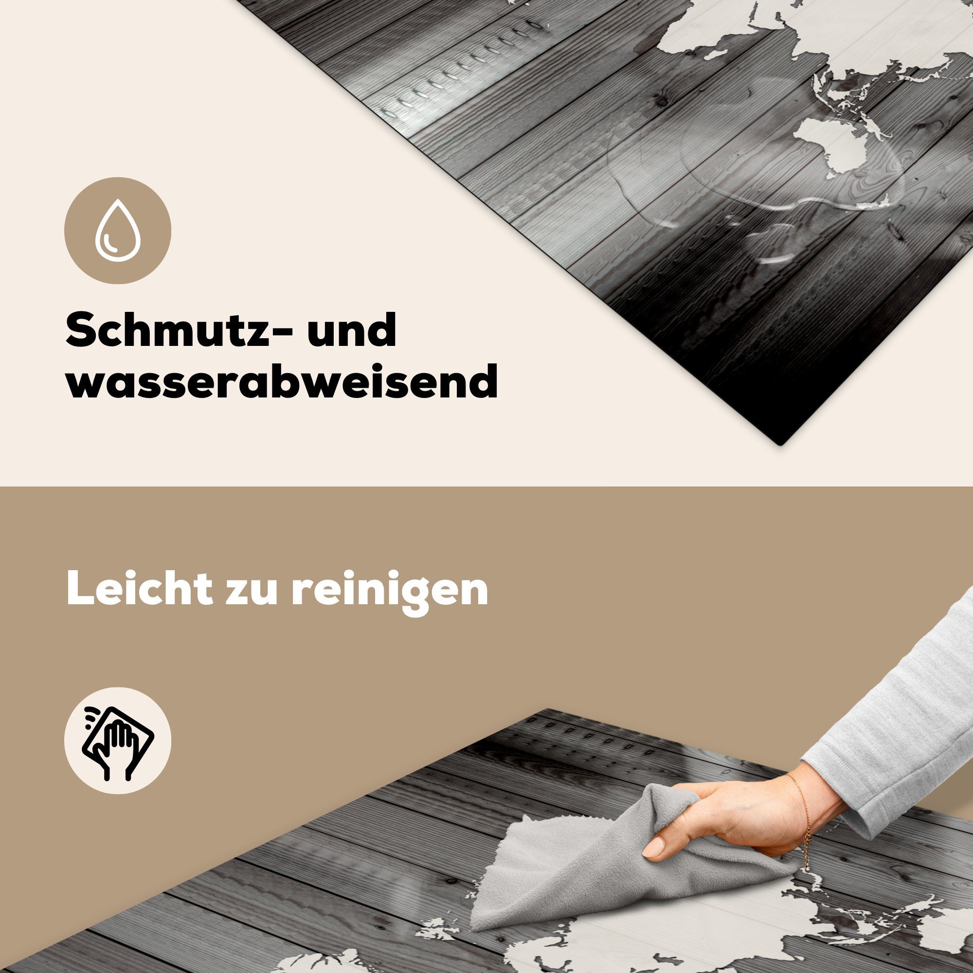 Arbeitsplatte für küche Holz Weiß, - Vinyl, - 78x78 (1 - tlg), Herdblende-/Abdeckplatte Weltkarte Schwarz MuchoWow Ceranfeldabdeckung, cm,