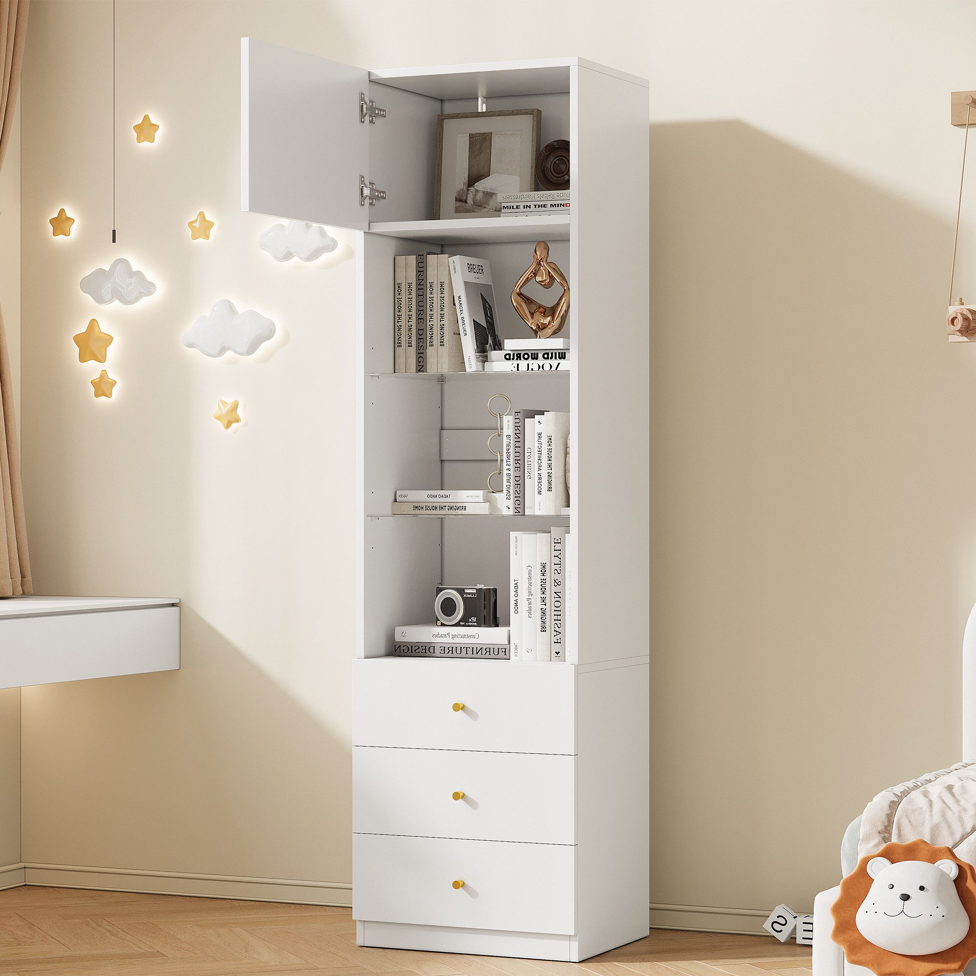 Flieks Hochschrank Bücherregal mit höhenverstellbare Glaseinlegeböden (1-St., 50×40×180 cm) Mehrzweckschrank Standvitrine mit 4 Fächern und Schubladen Weiß