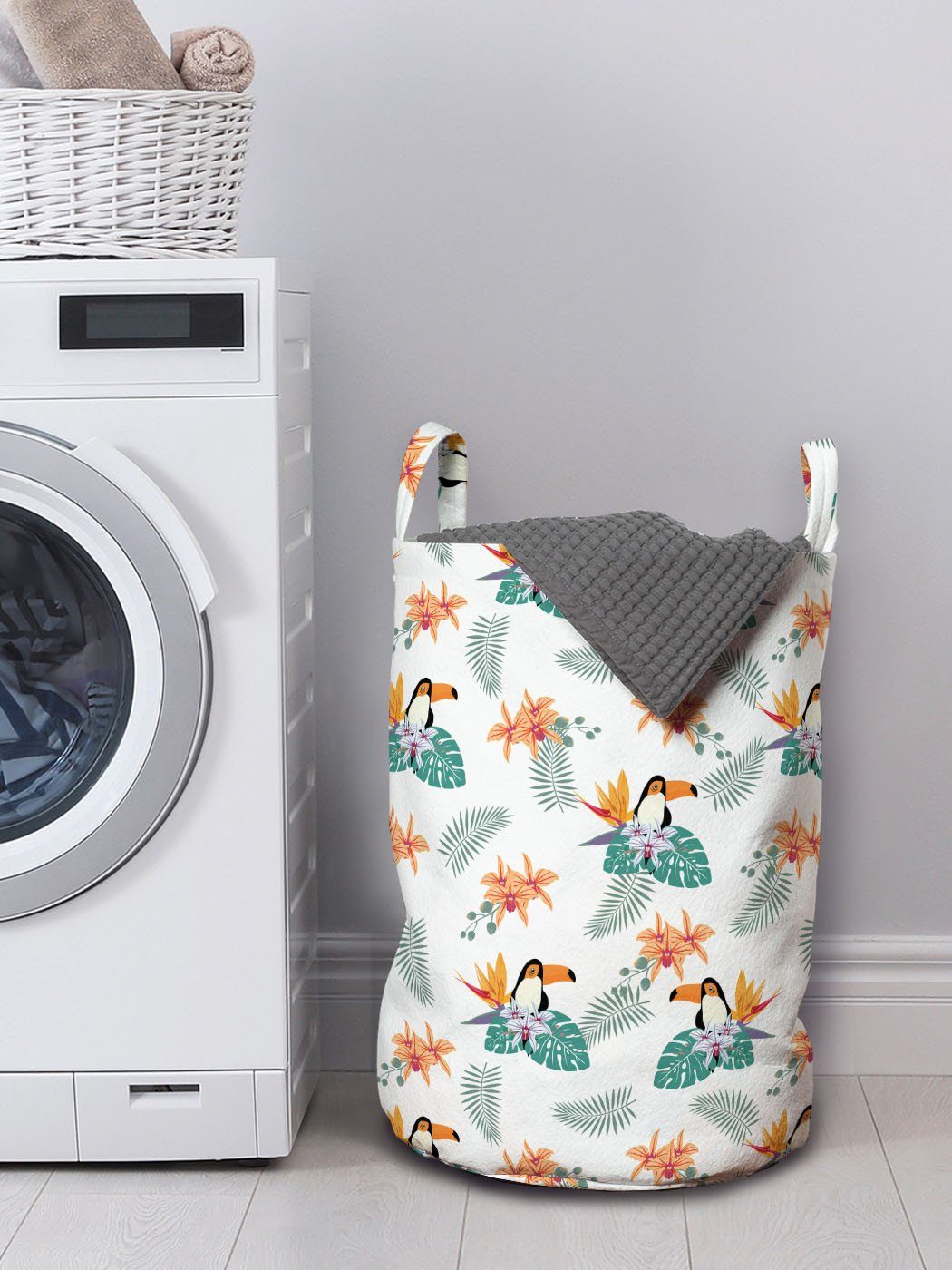 Wäschekorb Foxwood Wäschesäckchen Waschsalons, mit Abakuhaus Kordelzugverschluss Orchideen-Blumen für und Vögel Griffen