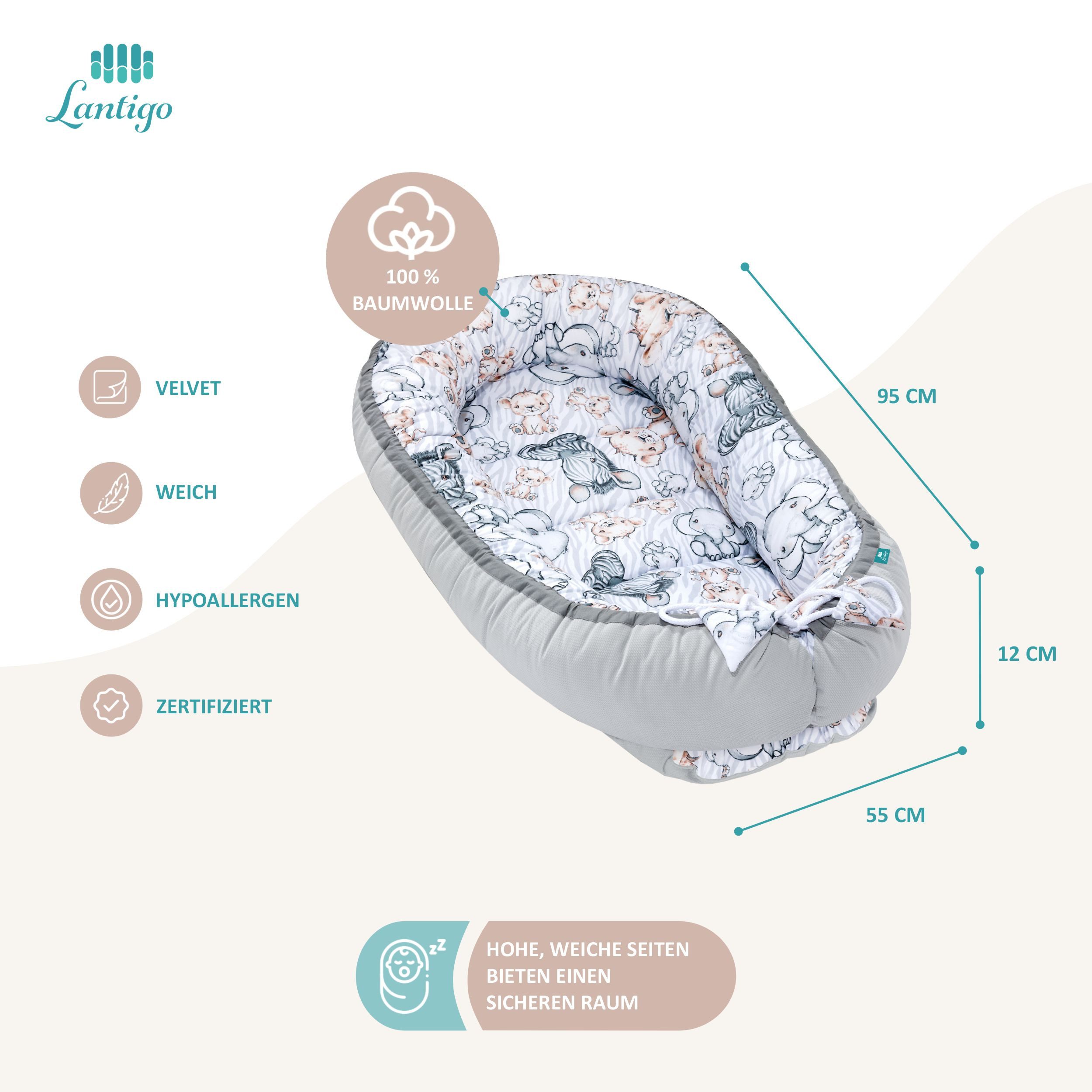 Lantigo Bettnestchen Nest Set für Neugeborene, Babynestchen Baby Erstausstattung, (Grau, 5-tlg., Safari Grey), Baumwolle/Samt inkl. Baby - Kuschelkokon, 2 Kissen, Babydecke Matratze
