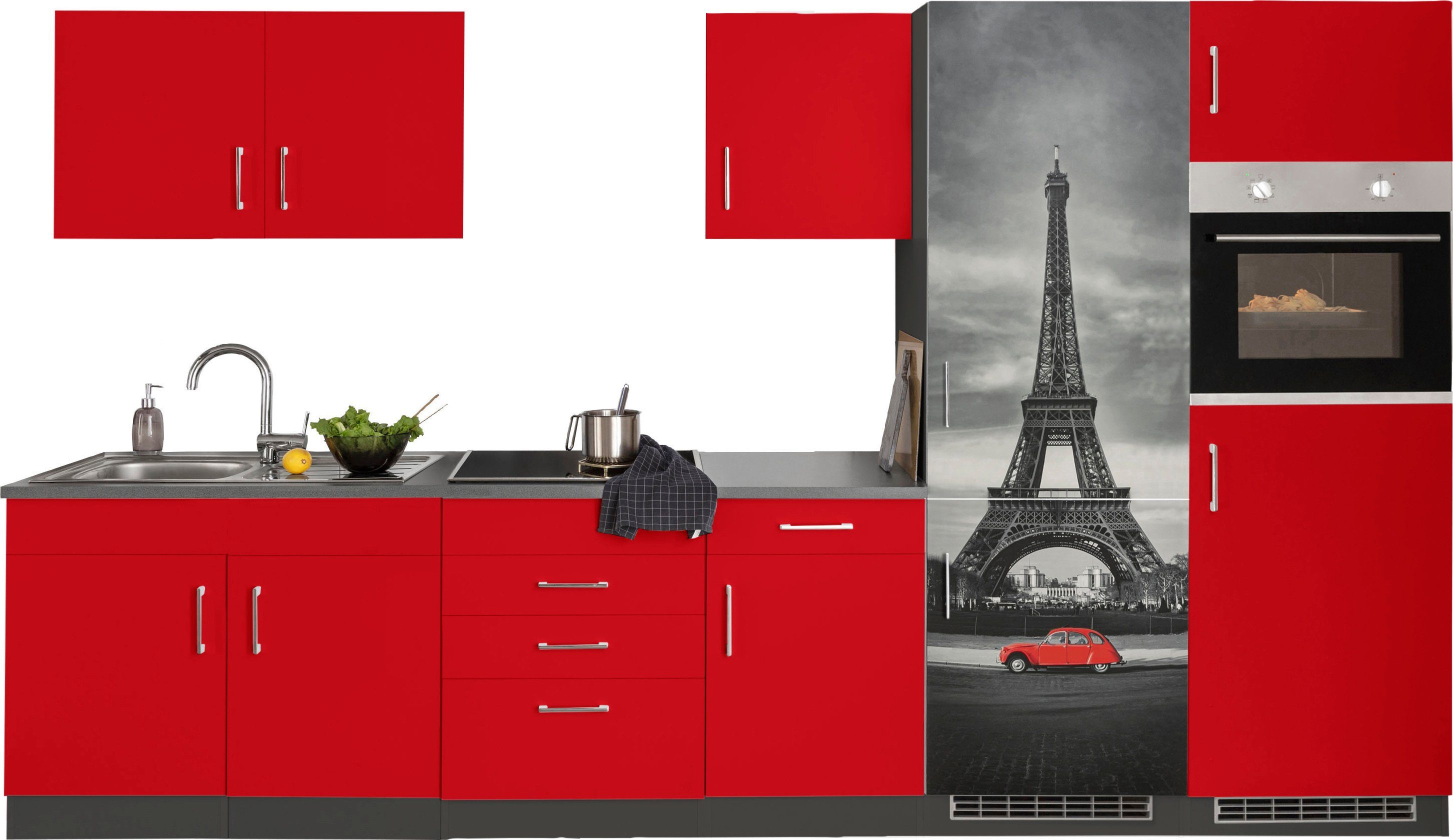 KOCHSTATION Küchenzeile KS-Paris – Küchen mit einzigartigen Fotomotiven auf den Fronten, Breite 330 cm, wahlweise mit E-Geräten und Induktion