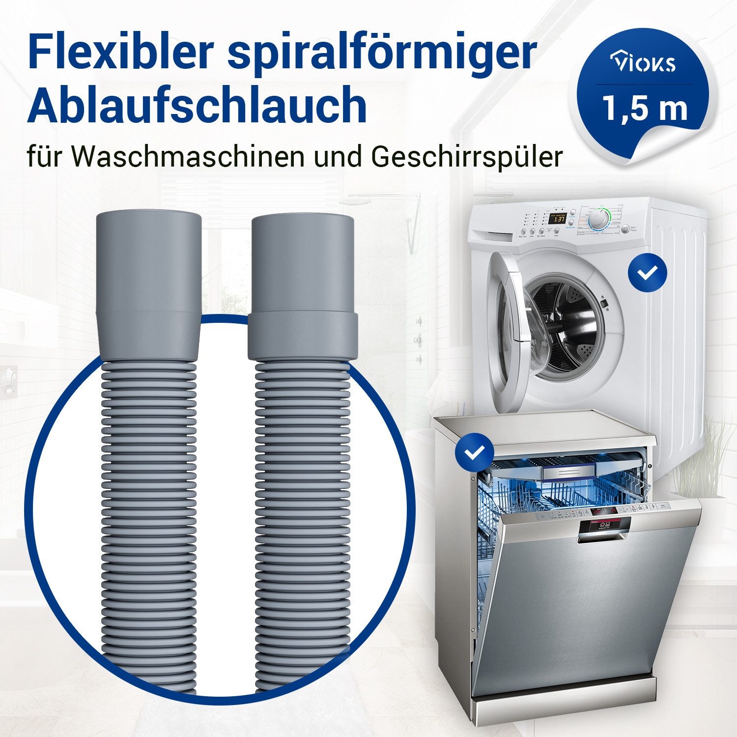 VIOKS Ablaufschlauch Abwasserschlauch 19/22 mmØ Verlängerung, Zubehör für Waschmaschine Geschirrspüler, Universal Flexibel 1,5 / 2 / 2,5 / 3 / 4 Meter