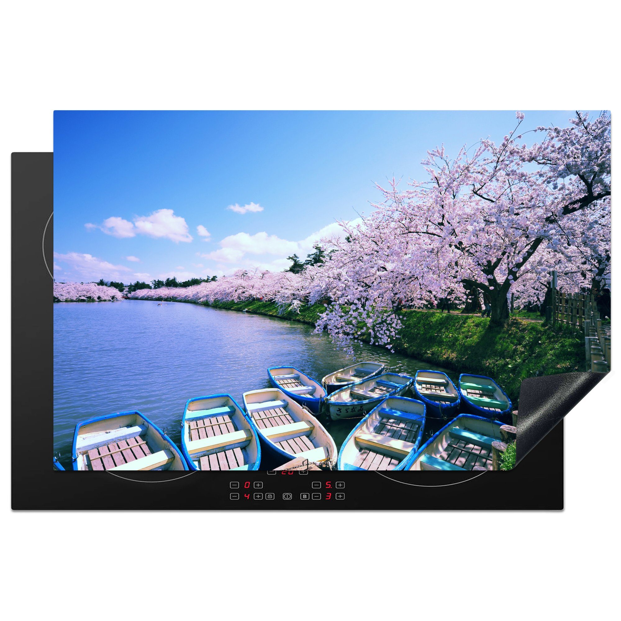 MuchoWow Herdblende-/Abdeckplatte Kirschbäume entlang eines Kanals in Japan, Vinyl, (1 tlg), 81x52 cm, Induktionskochfeld Schutz für die küche, Ceranfeldabdeckung