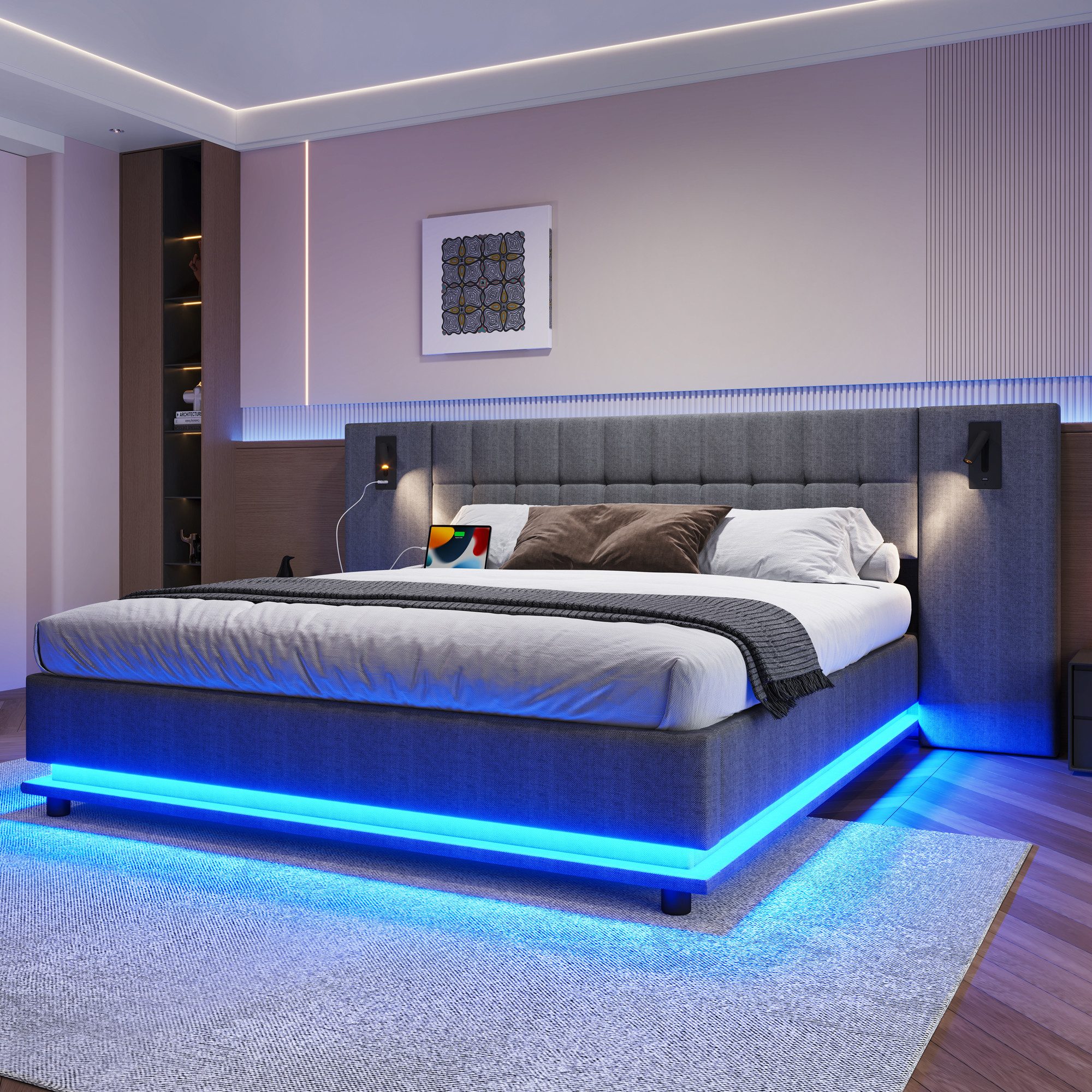REDOM Polsterbett mit LED-Leiste & USB, Kopfteil mit Spotlicht (Leinen-Dopp günstig online kaufen