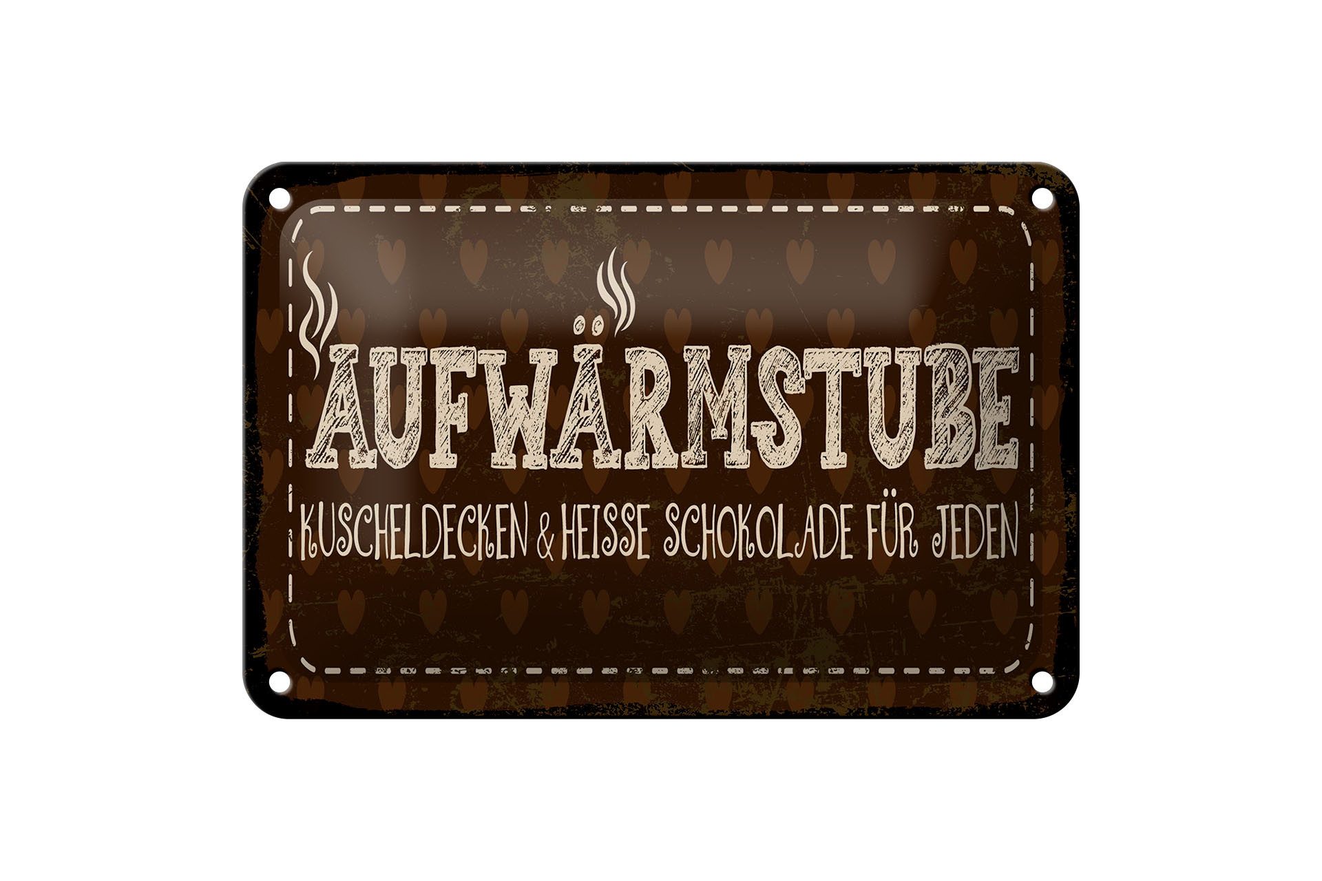Femer GmbH Metallschild Spruch 20x30 cm Aufwärmstube Kuscheldecken und Heiße Schoko, (1 St), gewölbte Oberfläche, abgerundete Ecken, umgeschlagene Kanten