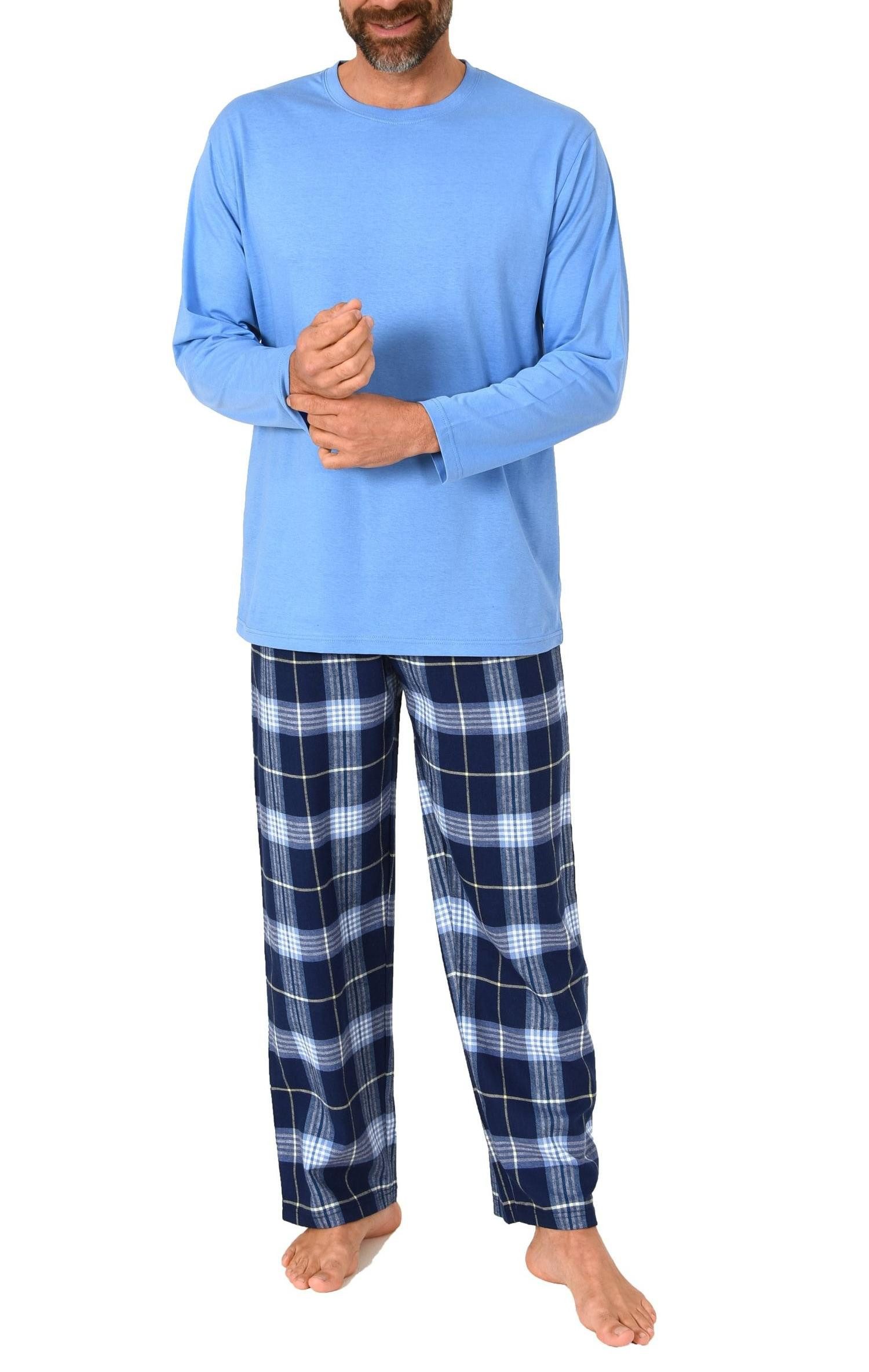 Pyjama Herren Schlafanzug lang, Pyjama mit Flanell-Hose in Karo-Optik