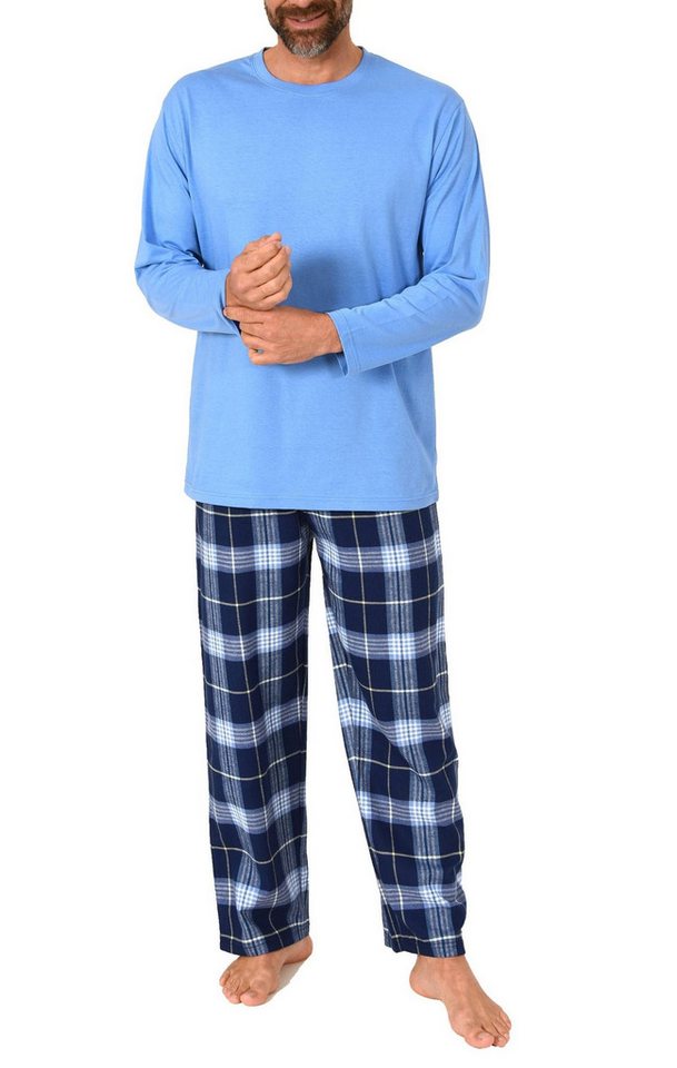 Normann Pyjama Herren Schlafanzug lang, Pyjama mit Flanell-Hose in Karo-Optik