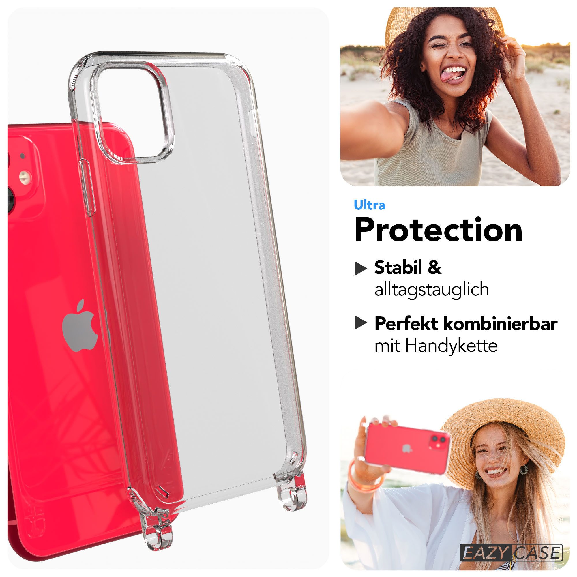 EAZY CASE Handykette Handyhülle für Handyketten mit Befestigungsösen für iPhone Modelle 6,1 Zoll, Hülle für Handykette, Transparent mit Ösen für Apple iPhone 11