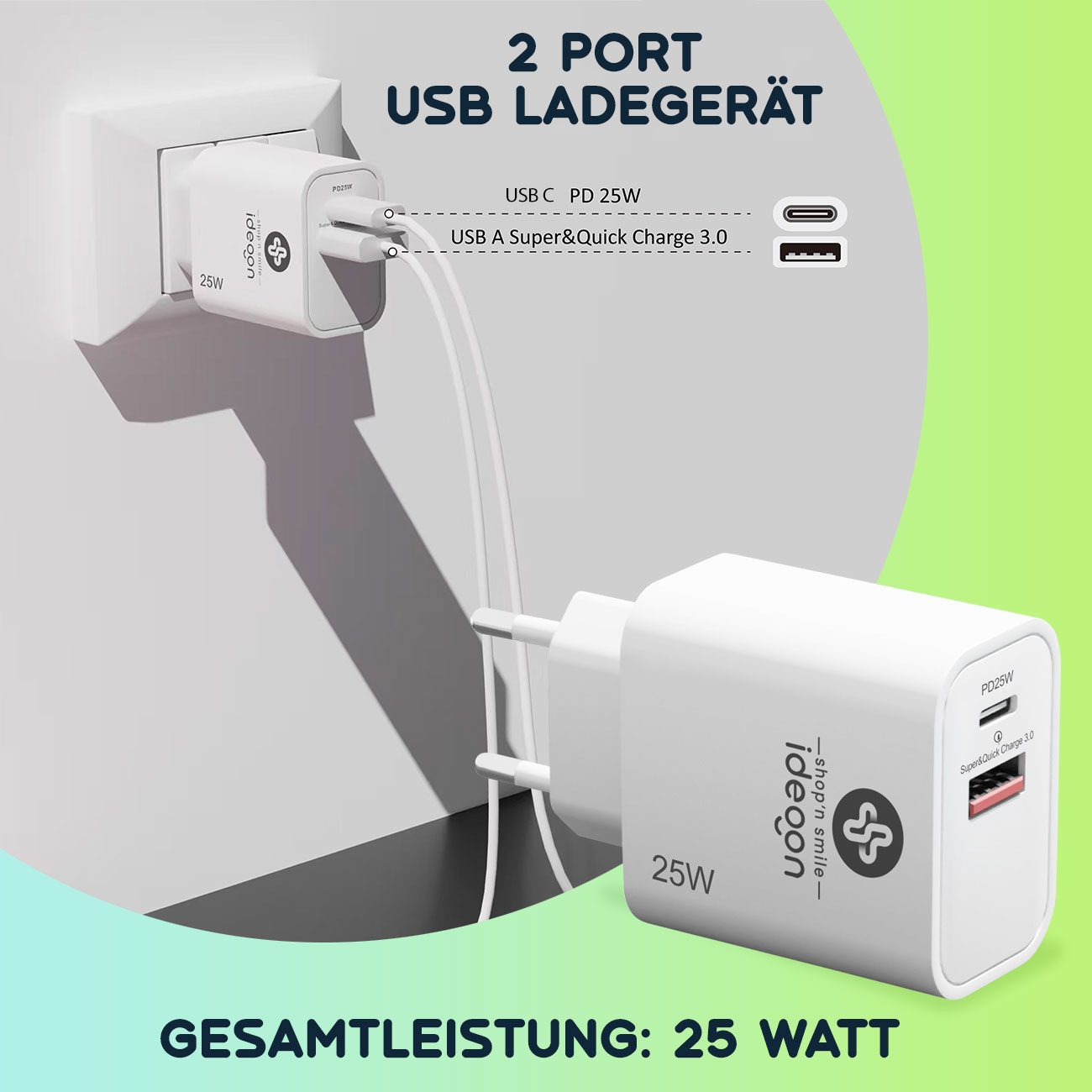 shop'n smile ideoon Dual 25Watt 1x USB-C und USB-A, PD- & QC-Netzteil USB-Ladegerät (3-tlg., Quick Charge für schnelles Laden)