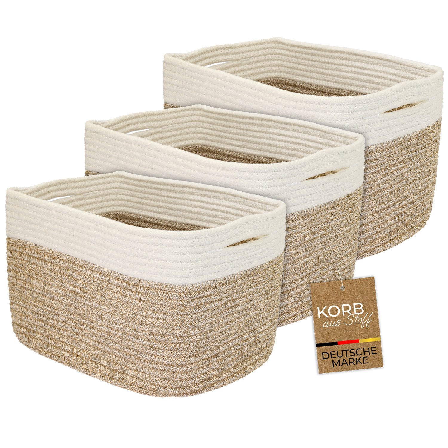 HMF Aufbewahrungskorb Aufbewahrungskorb mit versteckten Griffen (Set, 3er), Korb aus Baumwolle, 37,5 x 25 x 22,5 cm, Weiß-Braun