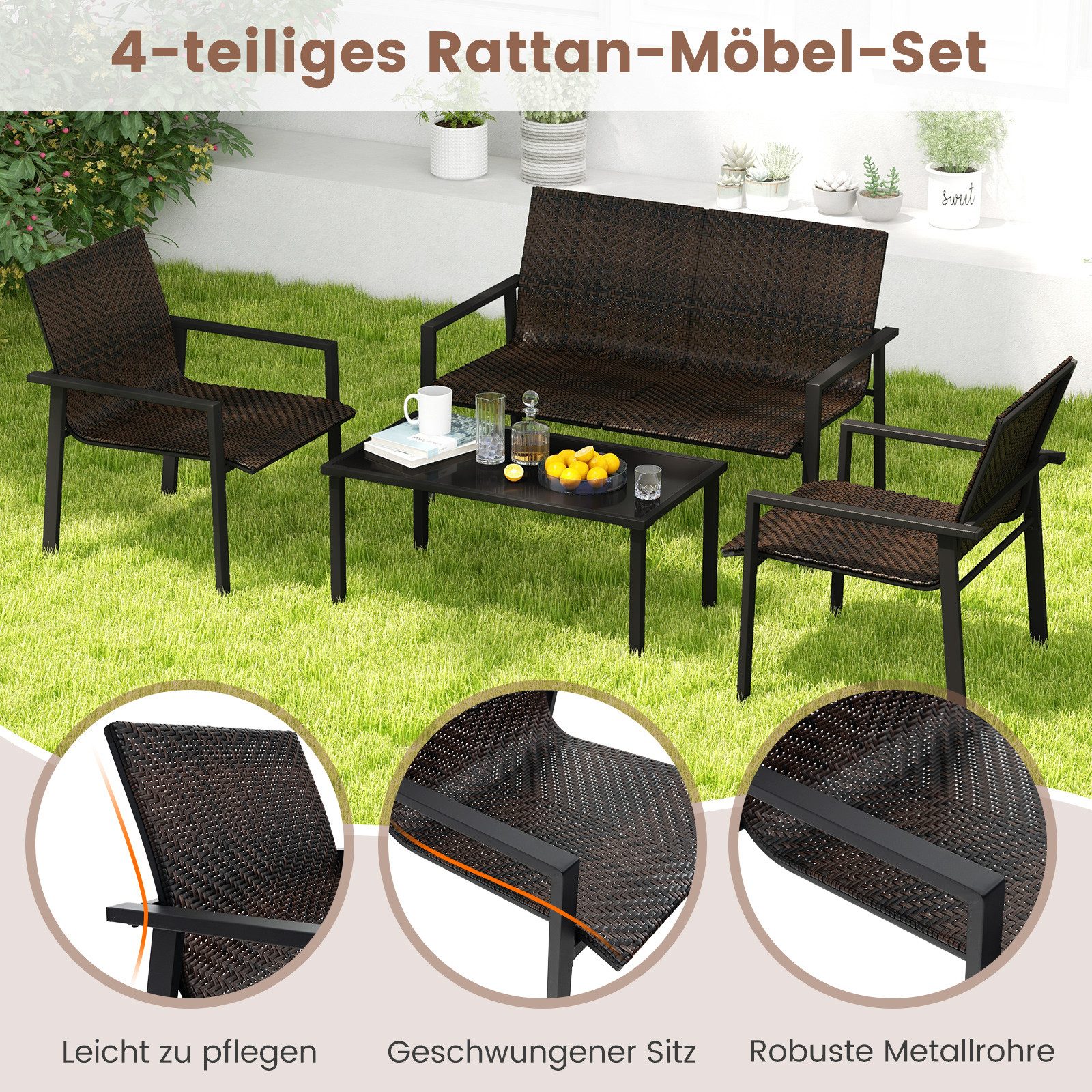 COSTWAY Gartenlounge-Set, (4-tlg), Balkonset PE Rattan, mit 2 Stühlen, Bank günstig online kaufen