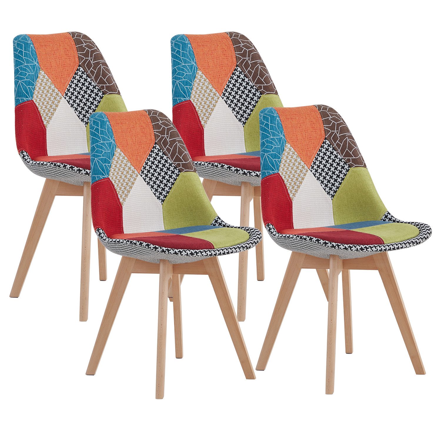 GrandCA HOME Esszimmerstuhl 4er Set Retro Patchwork Küchenstuhl mit Beine aus Massivholz (4 St), weiches Sitzkissen, Roter Patchwork-Stil