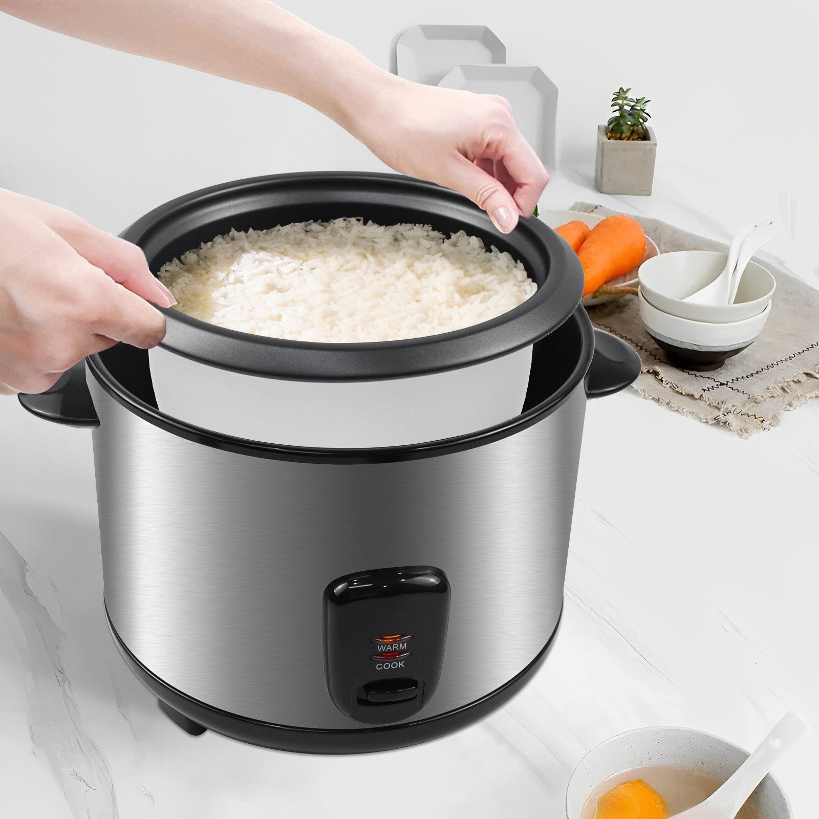 OZAVO Reiskocher 1.8L/2.2L mit Dampfgarer & Warmhaltefunktion, Antihaftbeschichtung, 700 W, inkl. Dampfkorb Messbecher & Löffel, für 3-5 Personen Familie – Bild 3 von 5