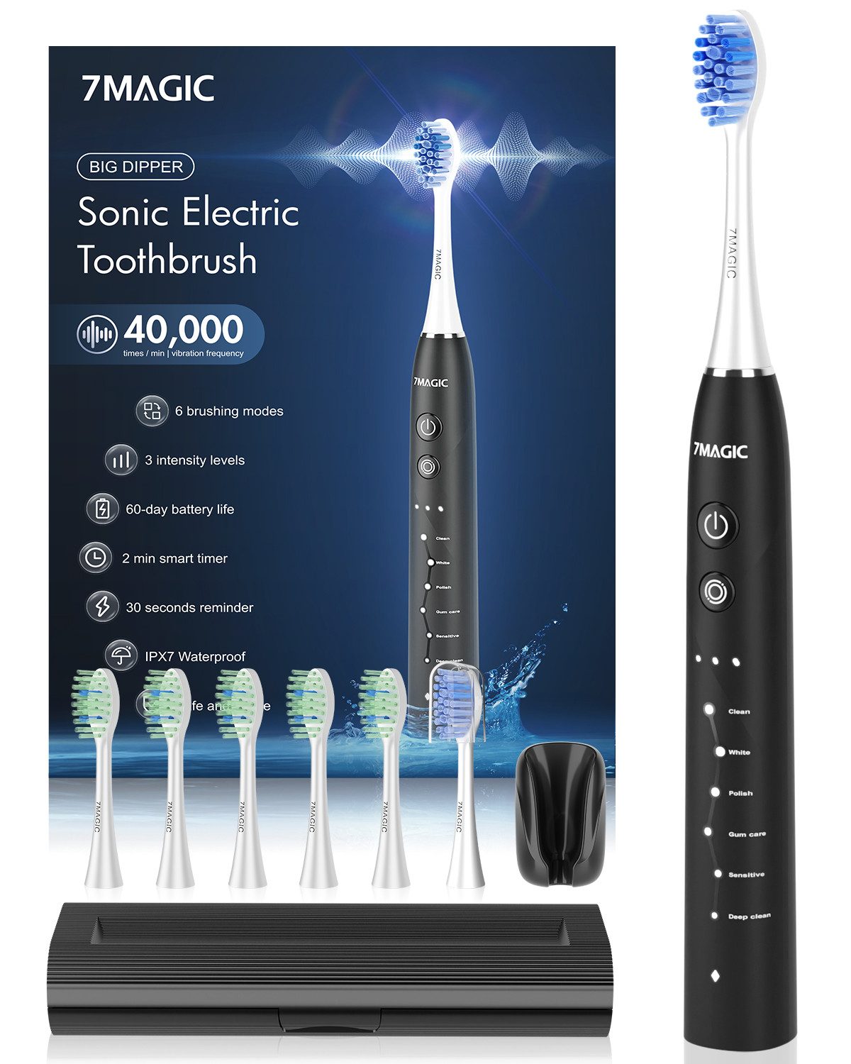 7MAGIC Elektrische Zahnbürste Schallzahnbürste, Zahnbürste Elektrisch Mit 6 Modi 3 Intensitäten, Aufsteckbürsten: 6 St., 40000VPM, IPX7, Zahnbürste Mit 90 Tagen Akkulaufzeit Und Timer, Reisezahnbürste, Schwarz