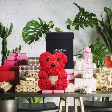 Kunstblume Roter Rosen Teddybär mit Geschenkbox, relaxdays, Höhe 28 cm