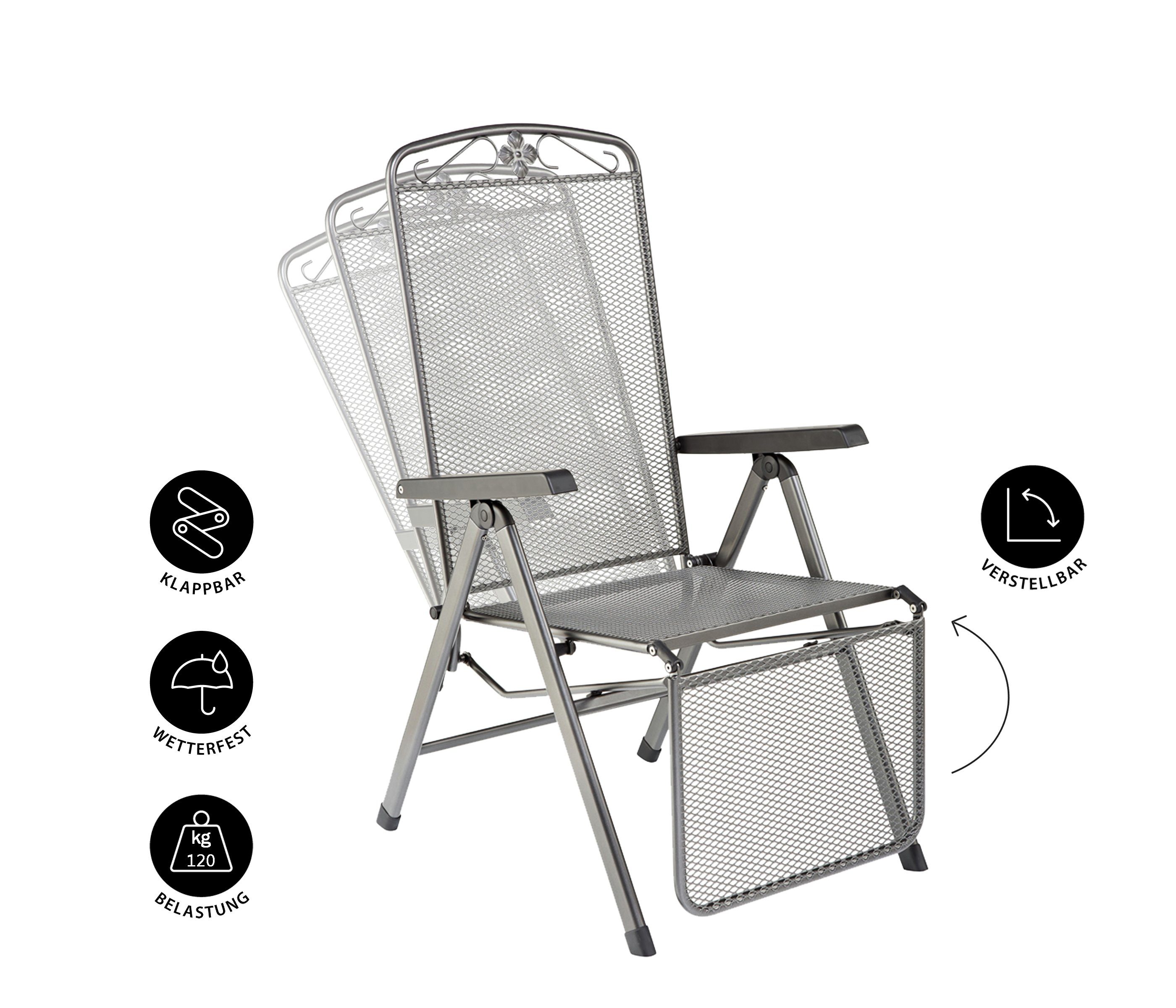 MWH Balkonset Relaxsessel Savoy, 72 x 58 x 110 cm, Metall, Zusammenklappbarer & mehrfach verstellbarer Relaxsessel aus Metall