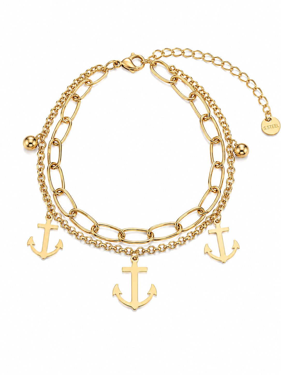 Brise Schmuck Armband Edelstahl Armband Damen Silber Anker doppelte Gliederkette (Einzelartikel, 1 Armband)